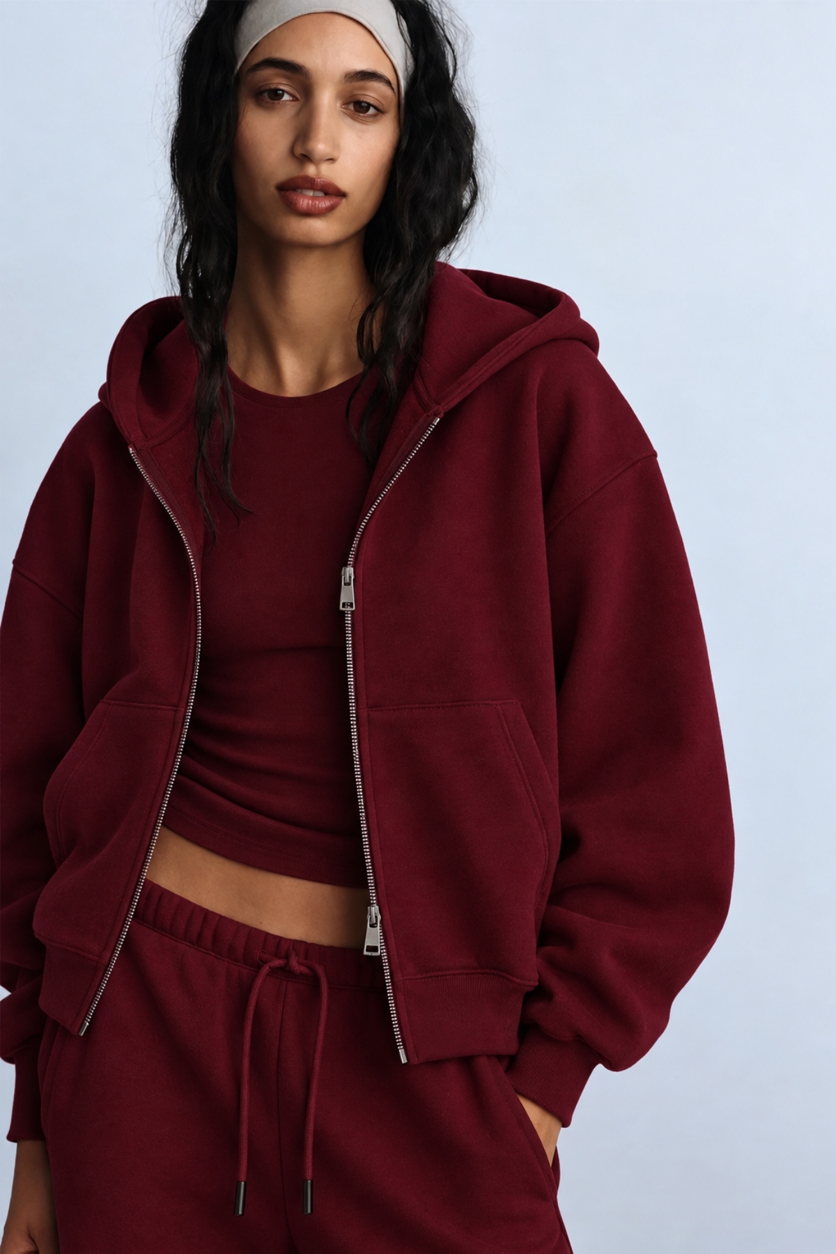 The Champ Clothing İçi Polar Oversize Kesim Kapüşonlu Fermuarlı Bordo Eşofman Takımı görsel 4