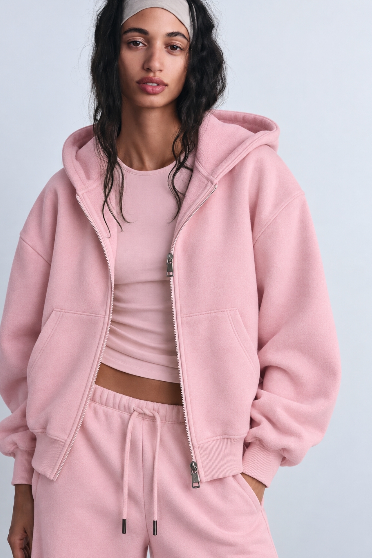 The Champ Clothing İçi Polar Oversize Kesim Kapüşonlu Fermuarlı Pembe Eşofman Takımı görsel 2