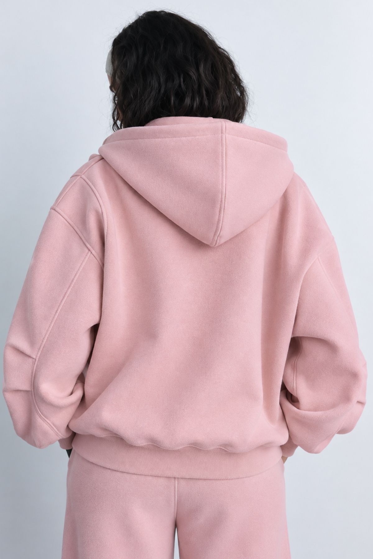 The Champ Clothing İçi Polar Oversize Kesim Kapüşonlu Fermuarlı Pembe Eşofman Takımı görsel 3