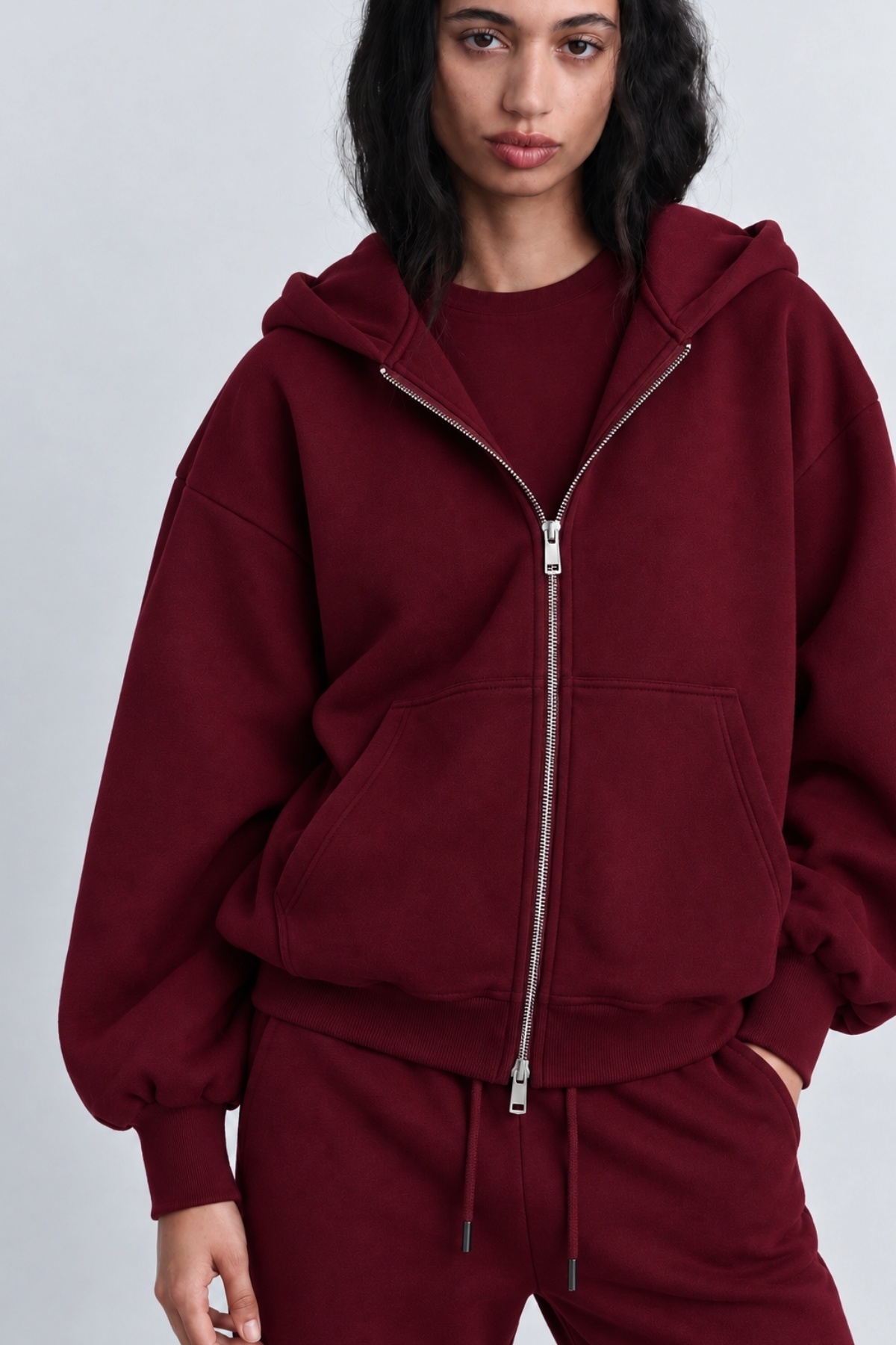 The Champ Clothing İçi Polar Oversize Kesim Kapüşonlu Fermuarlı Bordo Eşofman Takımı görsel 3