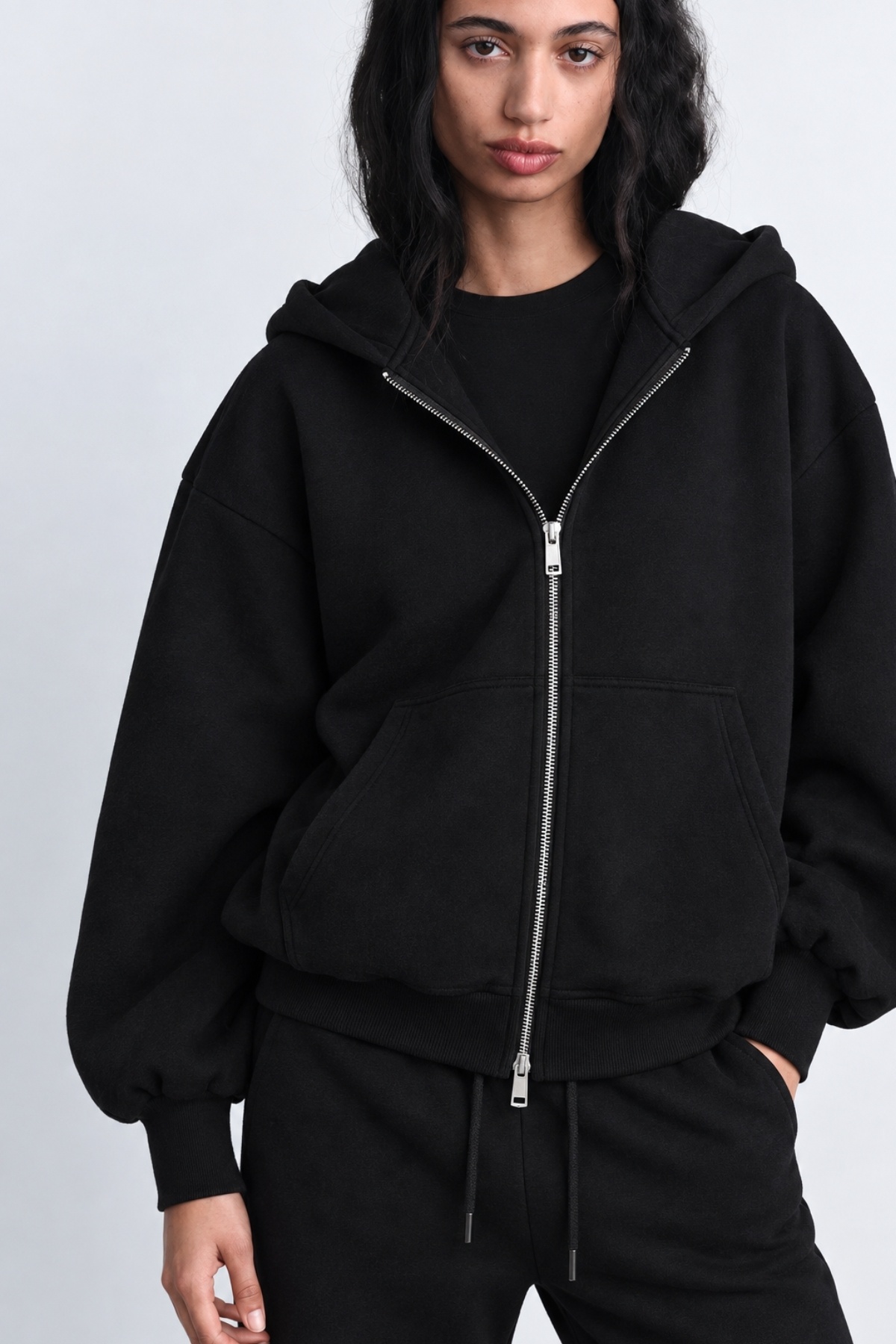 The Champ Clothing İçi Polar Oversize Kesim Kapüşonlu fermuarlı Siyah Eşofman Takımı görsel 2
