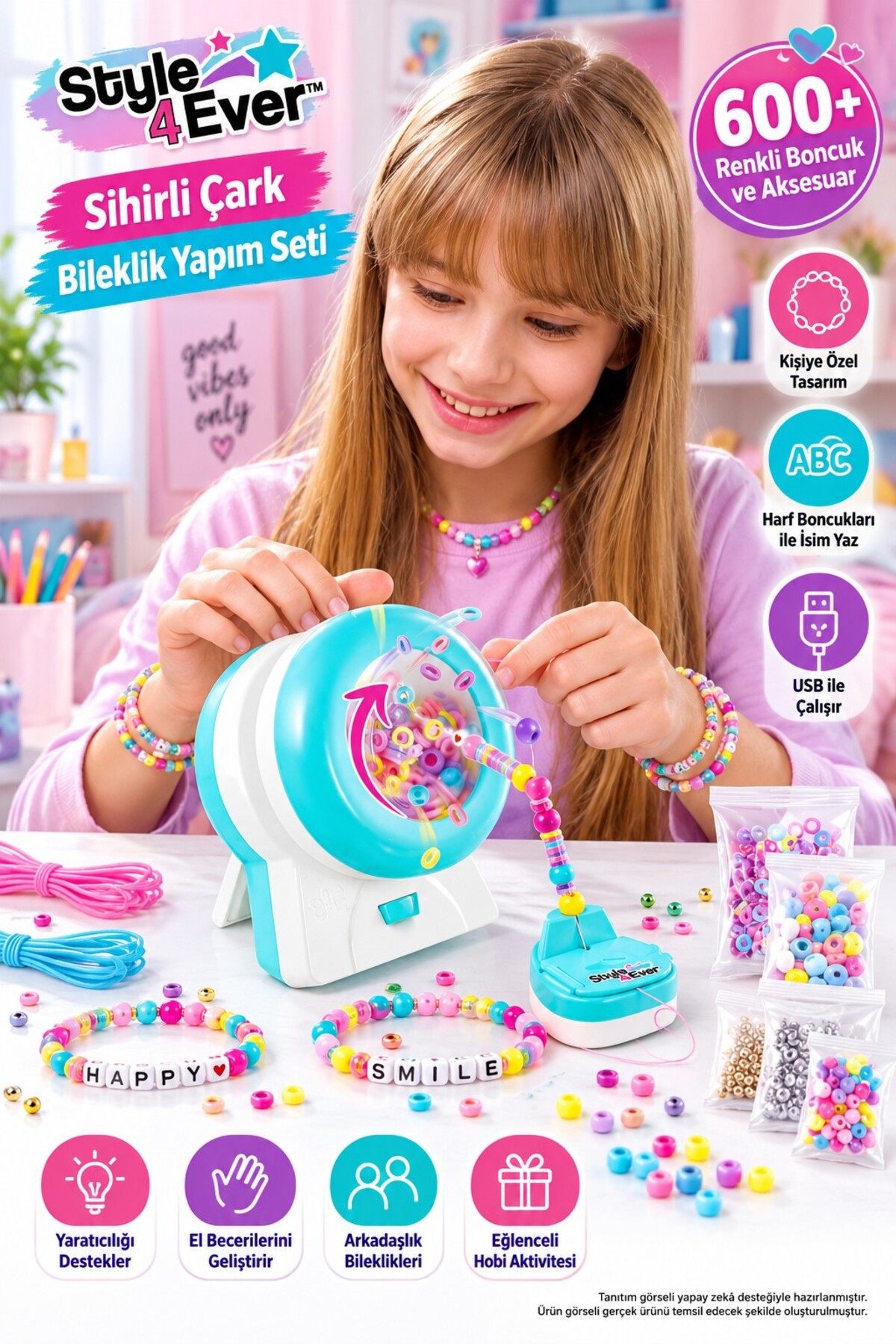 TOYFEST Bileklik Yapım Seti Style 4 Ever Sihirli Çark 600+ Boncuk Harf Charm USB Takı Tasarım Oyuncağı