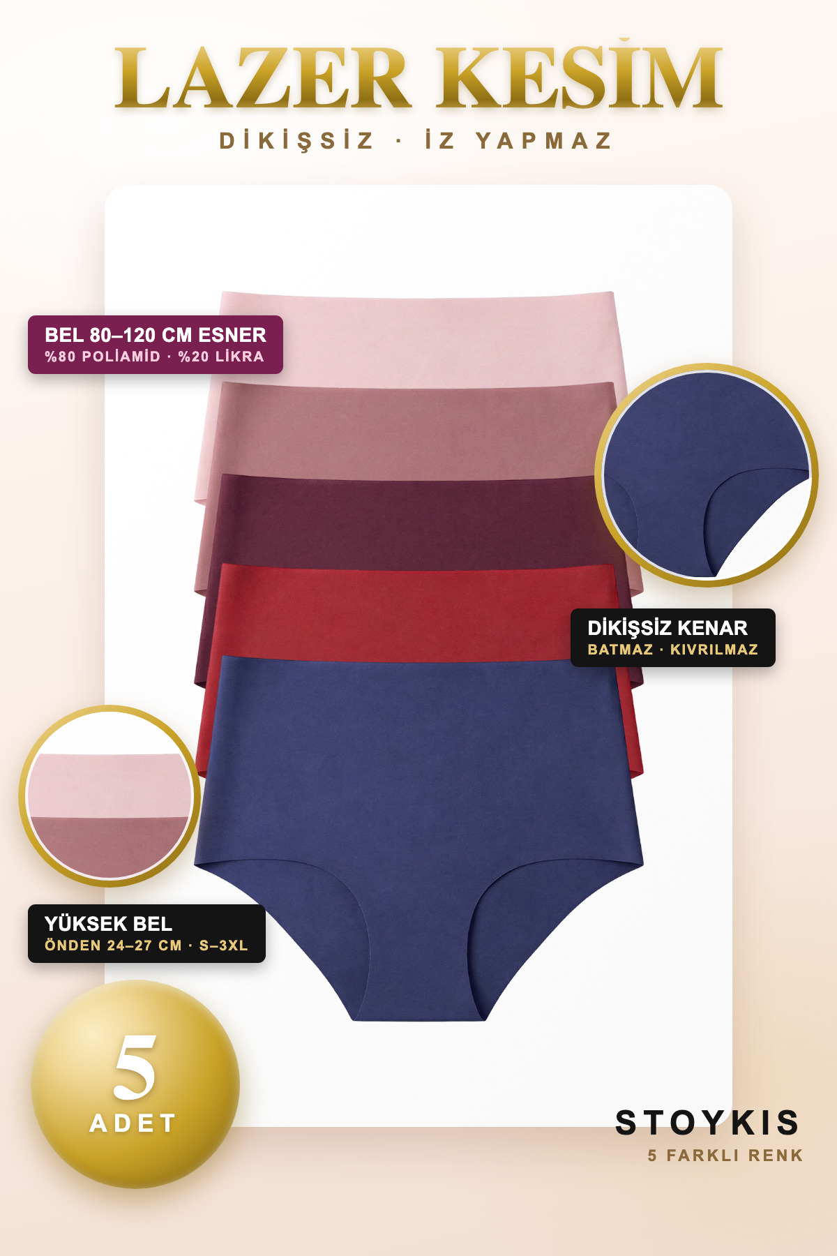 Stoykis 5'li Paket Lazer Kesim Dikişsiz Yüksek Bel Toparlayıcı Kadın Külot Seti - Ekstra Esnek Ve İz Yapmaz