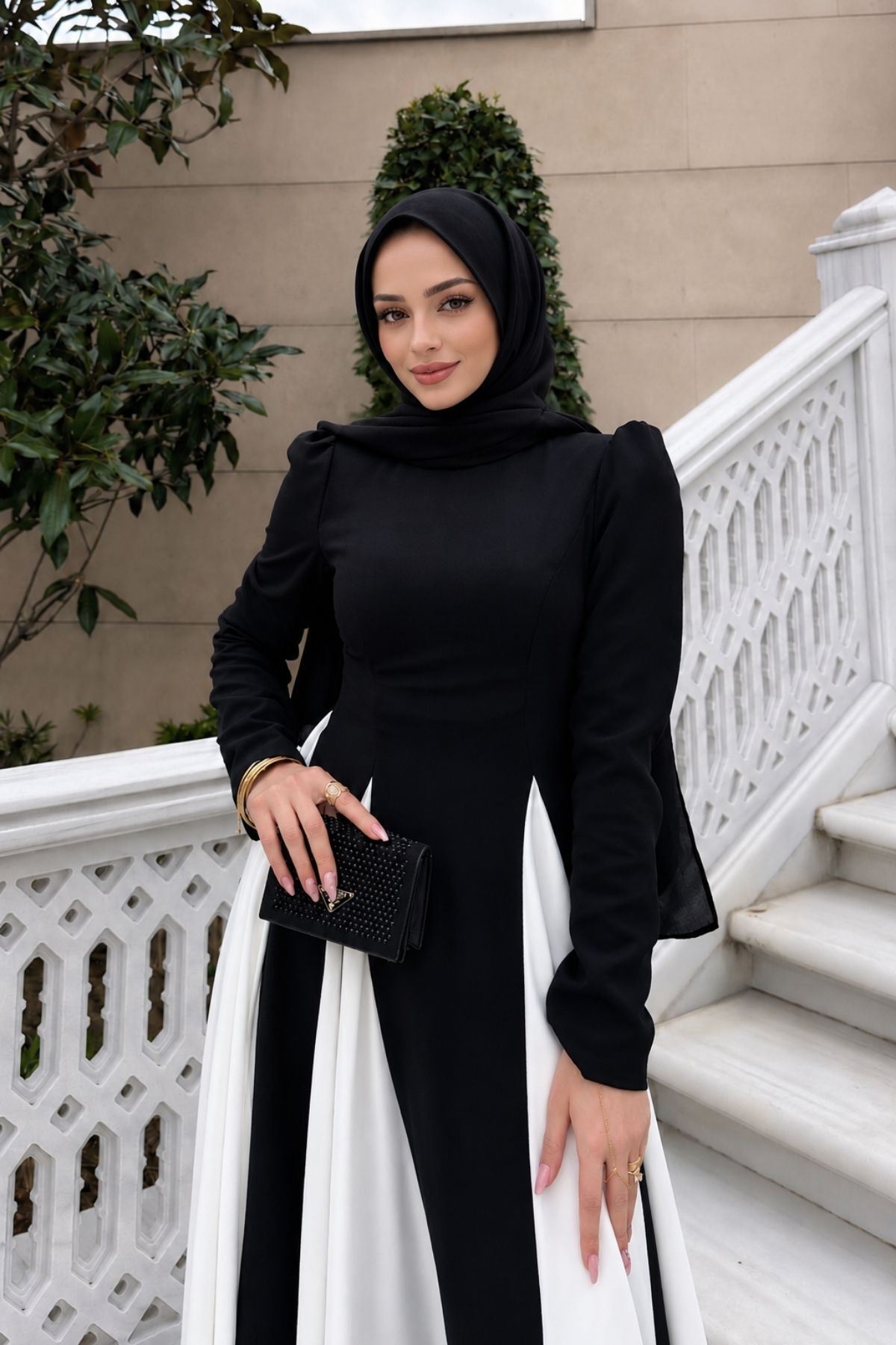 MAG FASHİON Tesettür Elbise Siyah Eteği Beyaz Çan Elbise Tesettür Abiye Elbise Tesettür Mezuniyet Elbisesi görsel 6