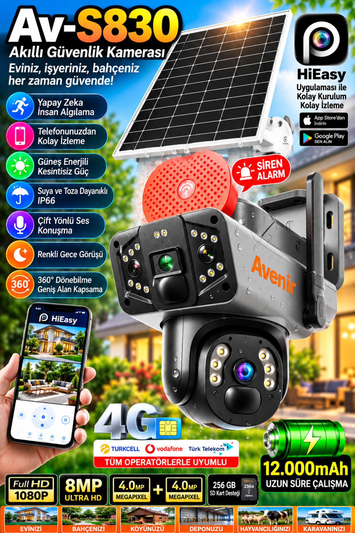 TRCharger Av-s830 Güneş Enerjili Sim Kartlı 4g 6mp Solar Güvenlik