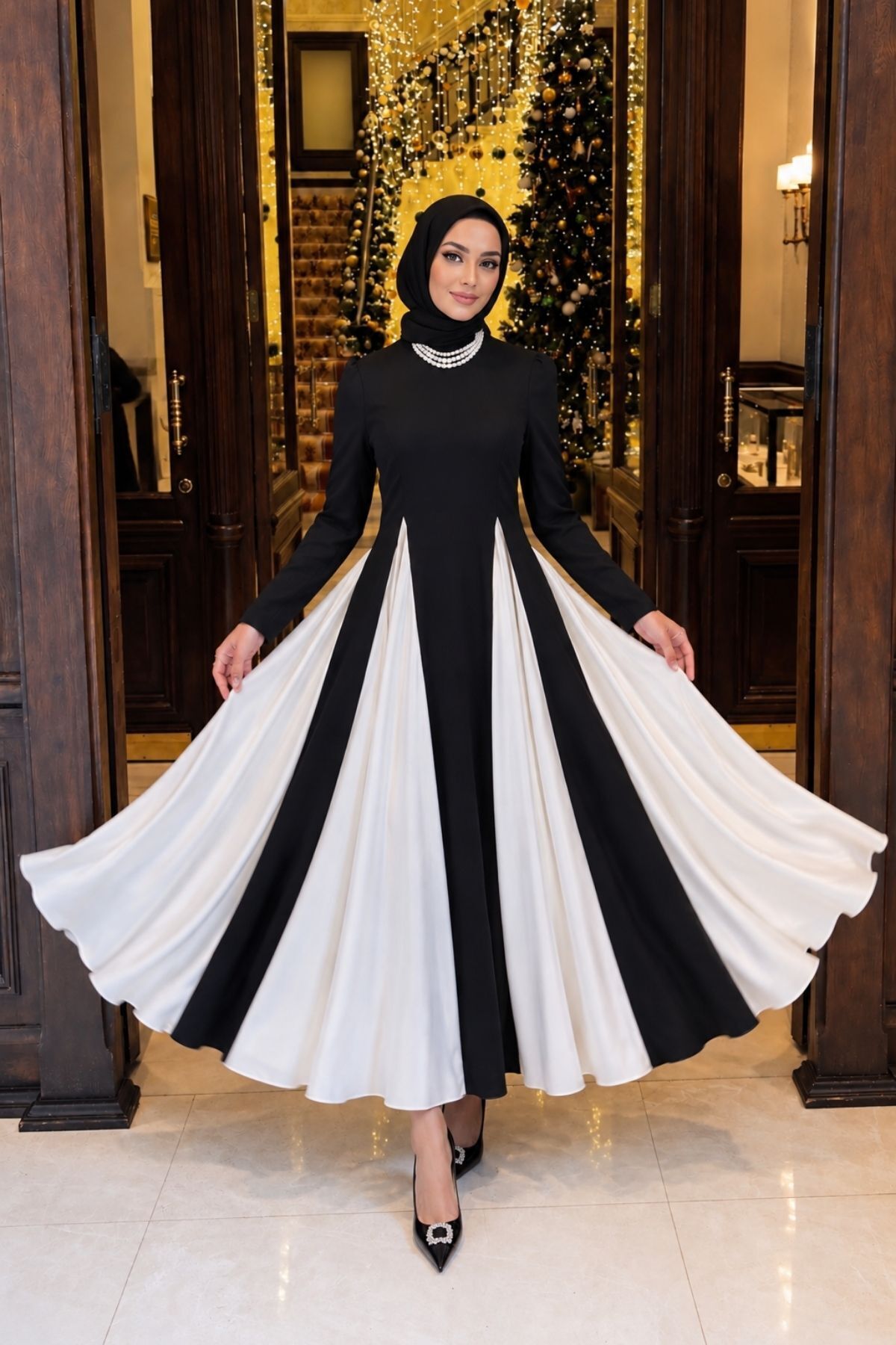 MAG FASHİON Tesettür Elbise Siyah Eteği Beyaz Çan Elbise Tesettür Abiye Elbise Tesettür Mezuniyet Elbisesi görsel 8