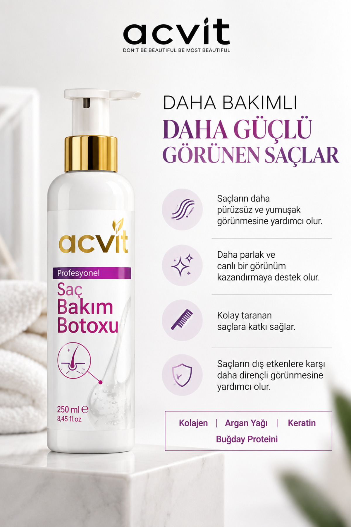 بوتاکس مو ACVIT 250 میلی لیتر - تغذیه کننده، براق کننده و حجم دهنده موهای آسیب دیده - hairbotox250 — تصویر 4 از 7