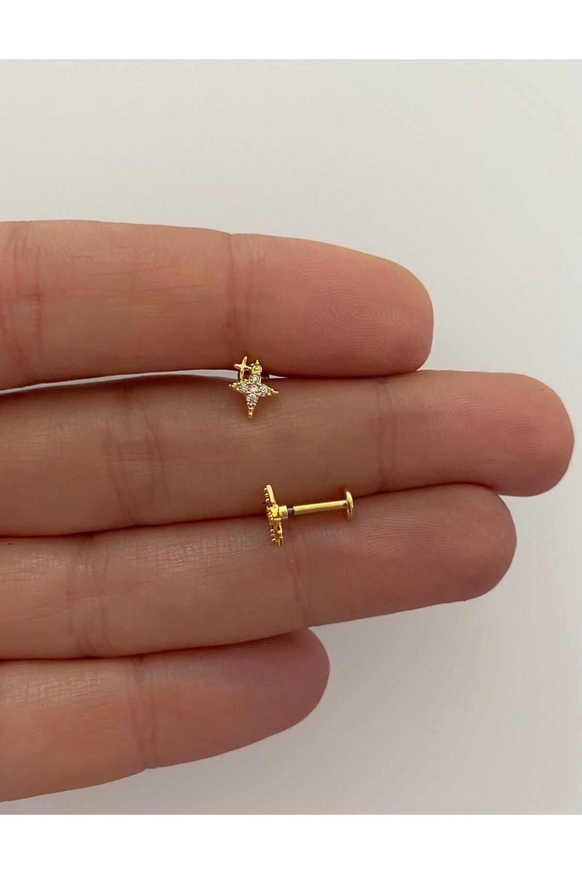 Arescollection Cerrahi Çelik Arkası Düz Labret Zirkon Taşlı Tragus Helix Lobe Conch Uyumlu Piercing Küpe