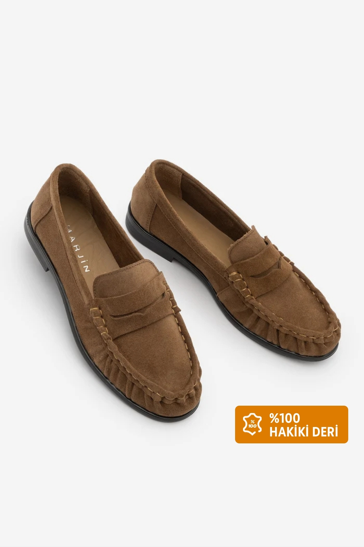 Marjin Kadın Hakiki Deri Oval Burun Makosen Dikişli Büzgülü Loafer Günlük Ayakkabı Lefora Camel Süet