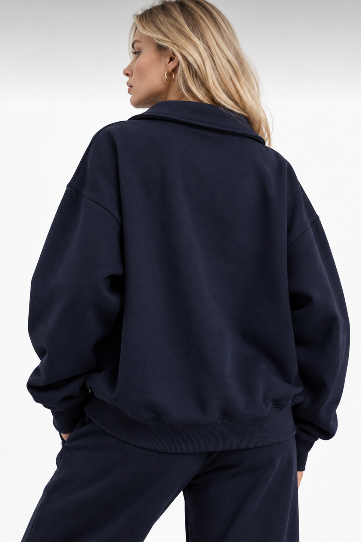 Kadın Lacivert Polo Yaka Oversize 3 Iplik Şardonlu Sweatshirt — سرمه‌ای svyarımfermuarpoloyaka — تصویر 2 از 4