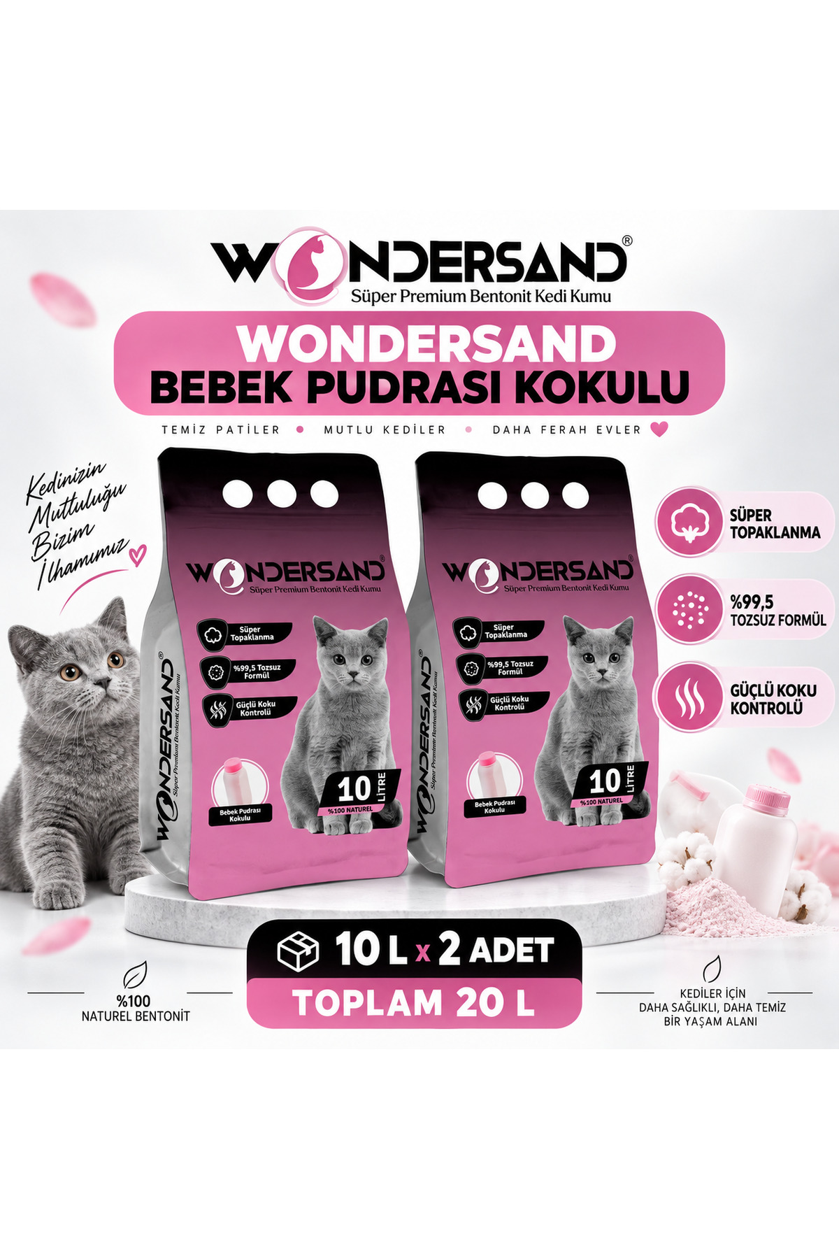 wondersand Bebek Pudrası Kokulu İnce Tane Topaklanan Kedi Kumu 10 Lt X 2 Adet