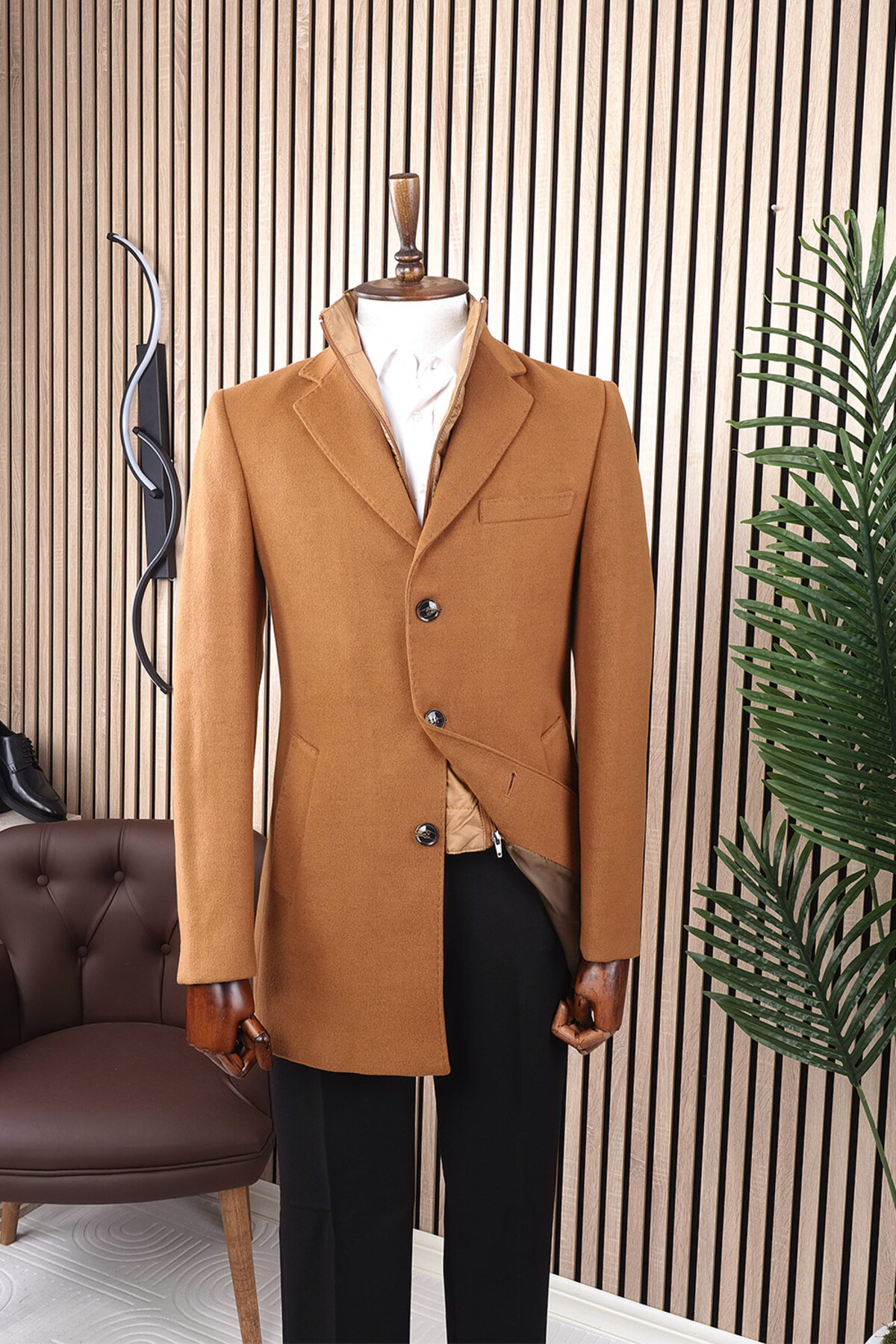 Erkek Slim Fit Camel Çıkmalı Ceket Yaka İçi Kapitoneli Tek Yırtmaç Dizüstü Kaşe Kaban — قهوه‌ای 6358-20 — تصویر 2 از 4