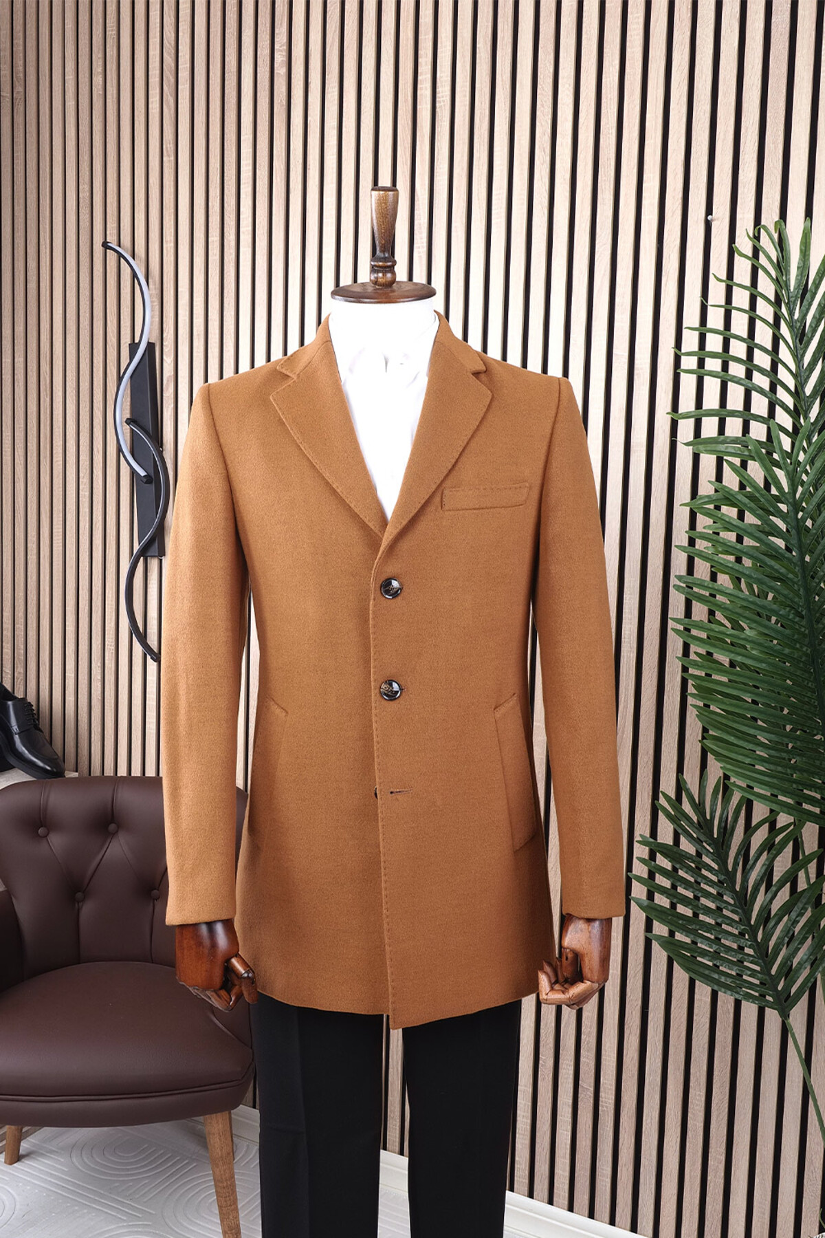 Erkek Slim Fit Camel Çıkmalı Ceket Yaka İçi Kapitoneli Tek Yırtmaç Dizüstü Kaşe Kaban — قهوه‌ای 6358-20 — تصویر 4 از 4