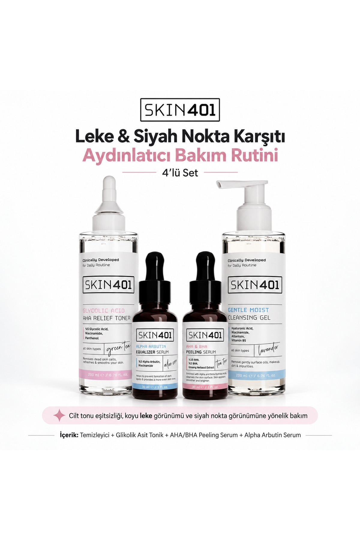 Skin401 روتین مراقبت از پوست ۴ مرحلهای روشنکننده و ضد لک و جوشهای سرسیاه - اسید گلیکولیک، AHA+BHA و آلفا آربوتین — Skin401-125