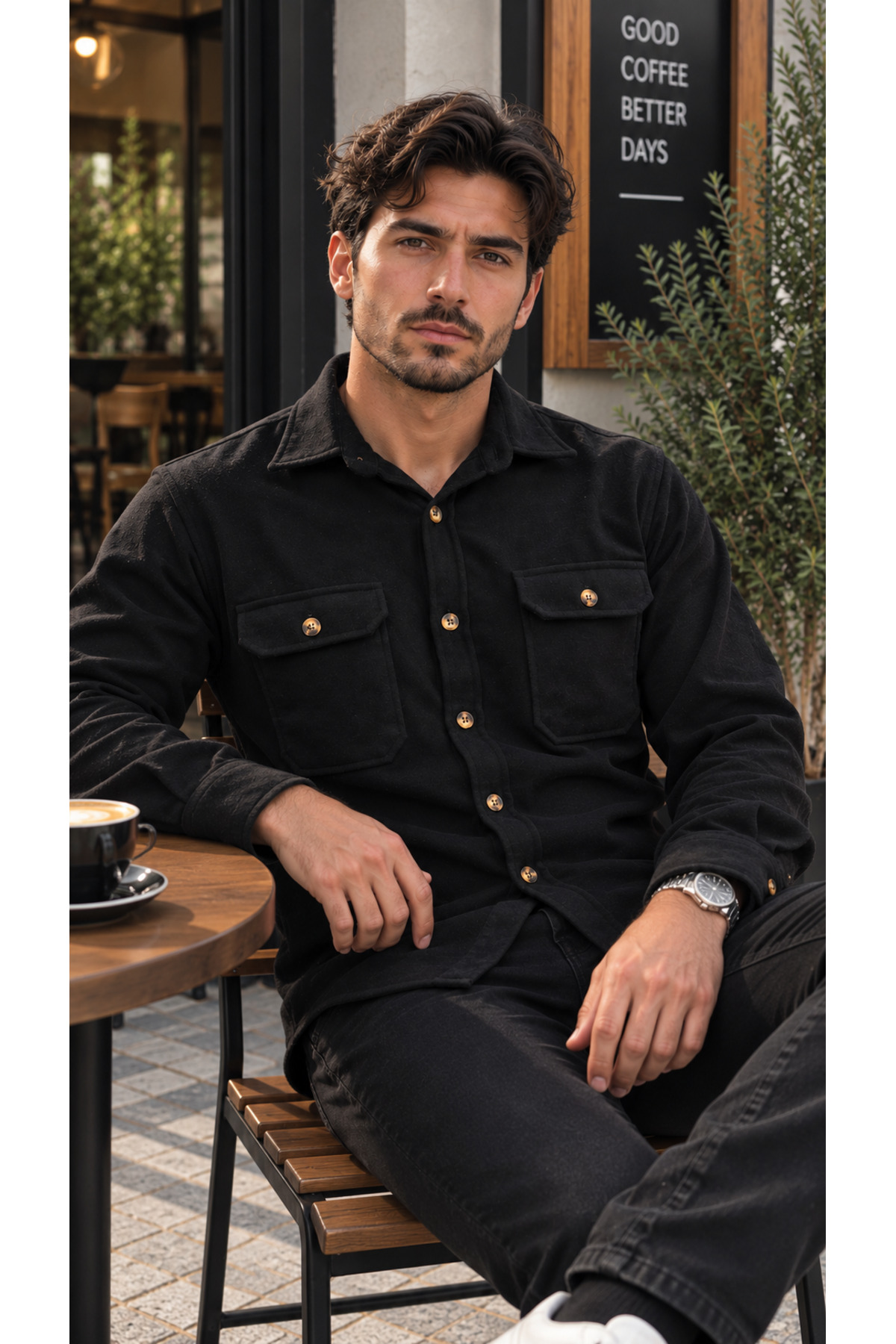 پیراهن مردانه طرح چوب با جیب، پارچه ضخیم - مشکی — مشکی XA512462 — تصویر 3 از 7