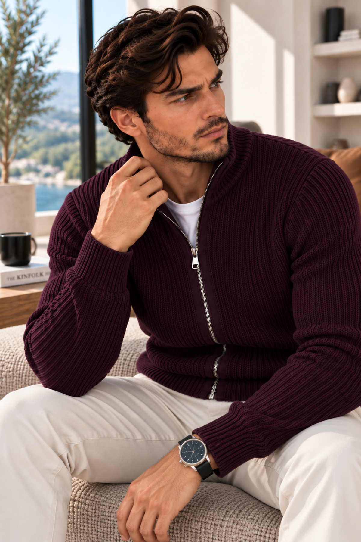 Erkek Fermuarlı Dik Yaka Kalın Örgü Dokulu Slim Fit Şık Günlük Hırka — زرشکی erkekfermch — تصویر 2 از 4