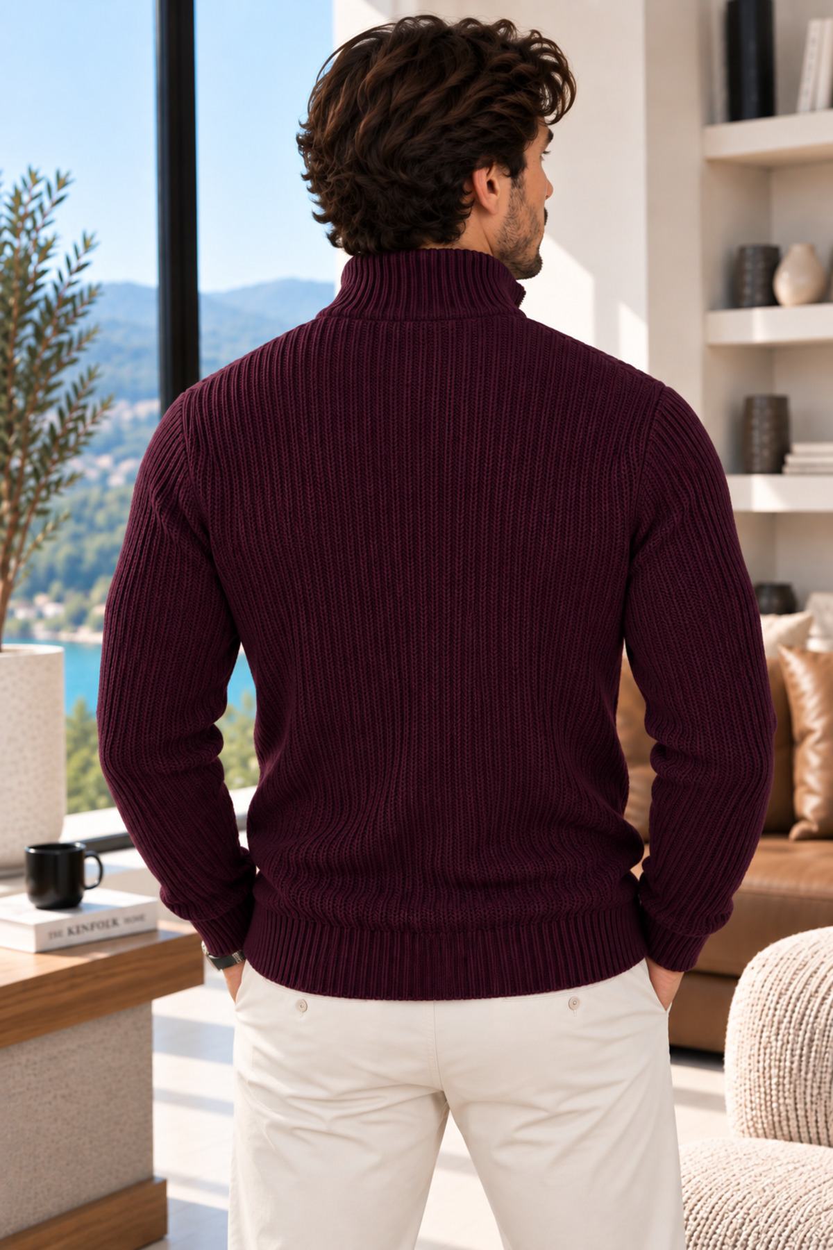 Erkek Fermuarlı Dik Yaka Kalın Örgü Dokulu Slim Fit Şık Günlük Hırka — زرشکی erkekfermch — تصویر 4 از 4