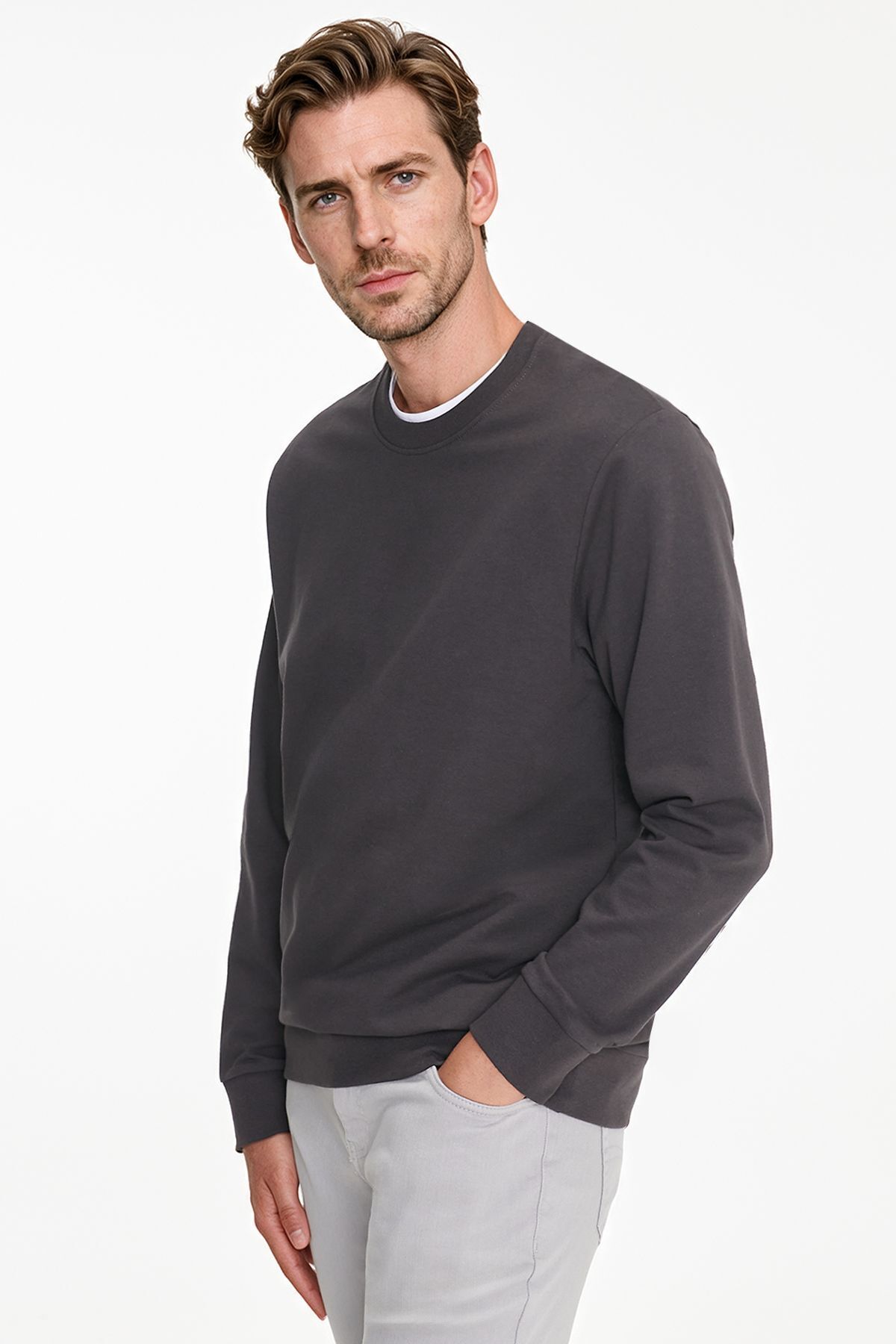 AC&Co / Altınyıldız Classics Erkek Füme Pamuklu Standart Fit Normal Kesim 2 İplik Bisiklet Yaka Sweatshirt görsel 3