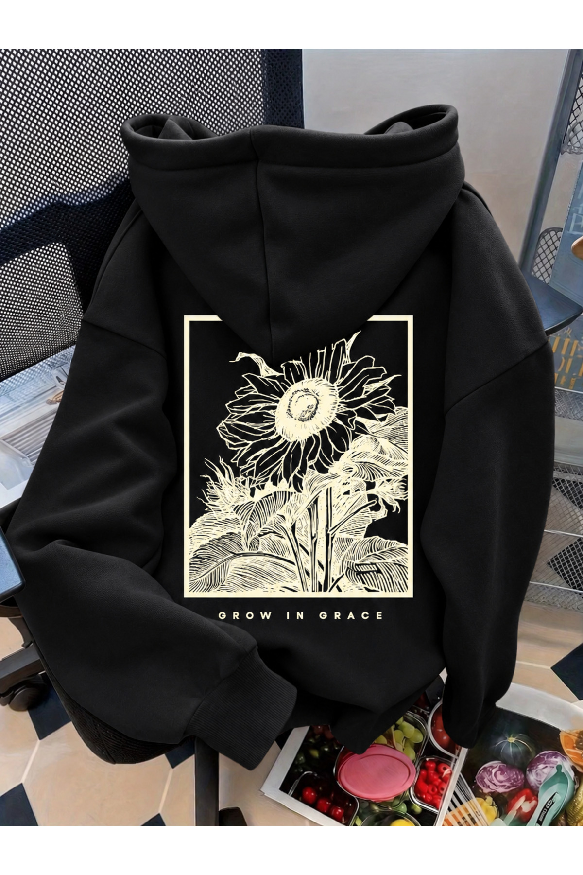 Revasser Unisex Kadın/Erkek GROW Baskılı Özel Tasarım Oversize Pamuklu Kapüşonlu Sweatshirt