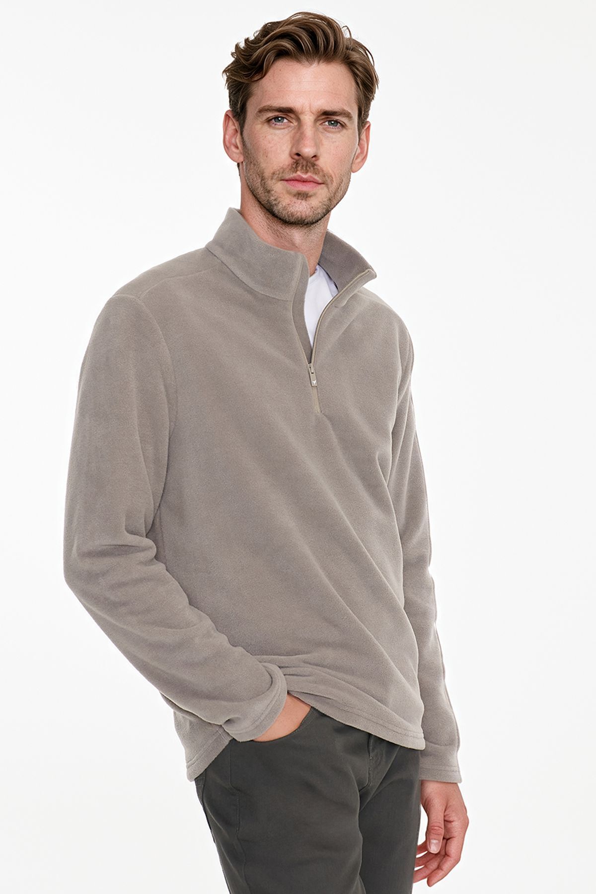 AC&Co / Altınyıldız Classics Erkek Vizon Anti-Pilling Tüylenme Yapmayan Standart Fit Dik Yaka Polar Sweatshirt
