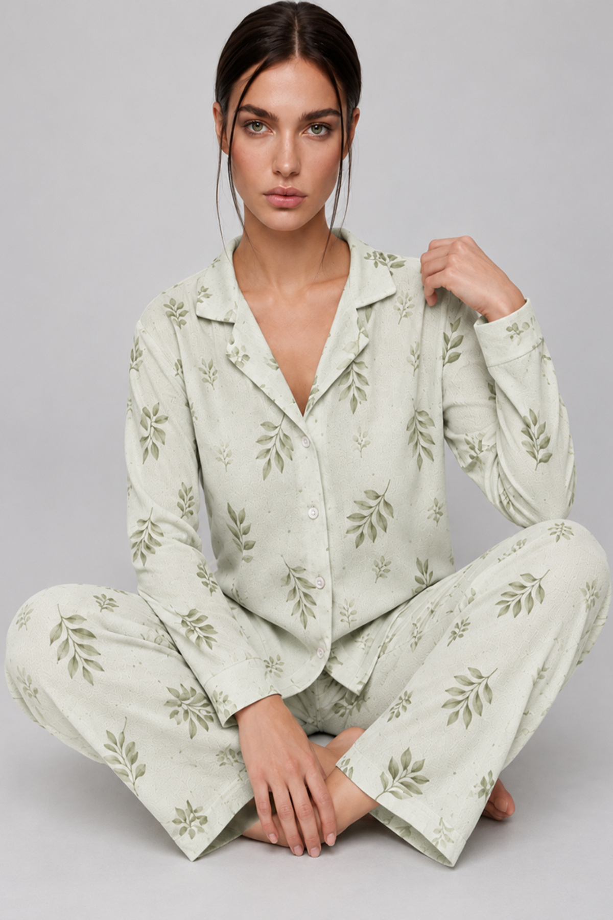 FİT WOMEN Kadın Uzun Kol Rahat Yeşil Pijama Takımı 4767 görsel 2