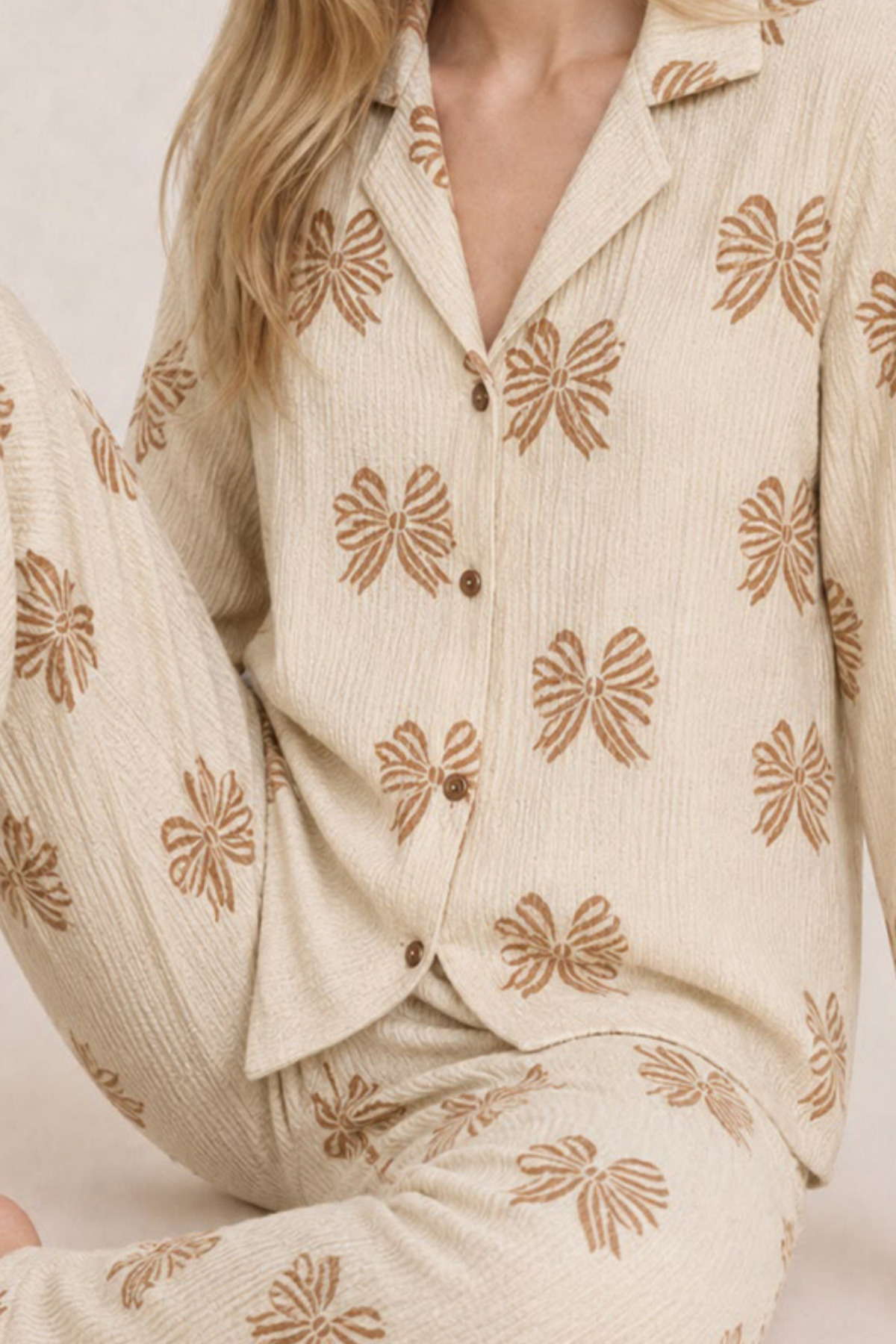 FİT WOMEN Kadın Uzun Kol Rahat Krem Pijama Takımı 4759 görsel 5