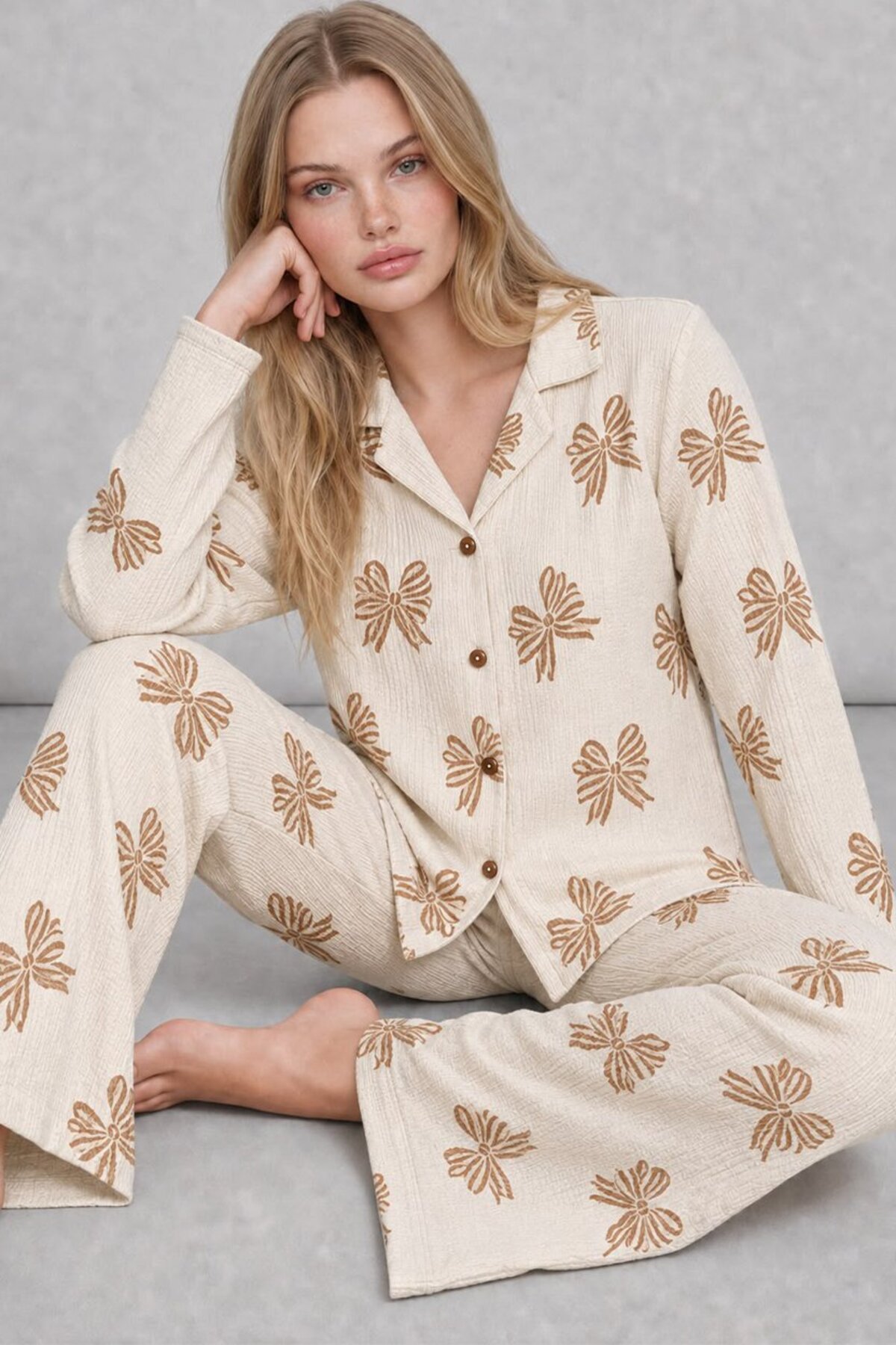 FİT WOMEN Kadın Uzun Kol Rahat Krem Pijama Takımı 4759 görsel 4