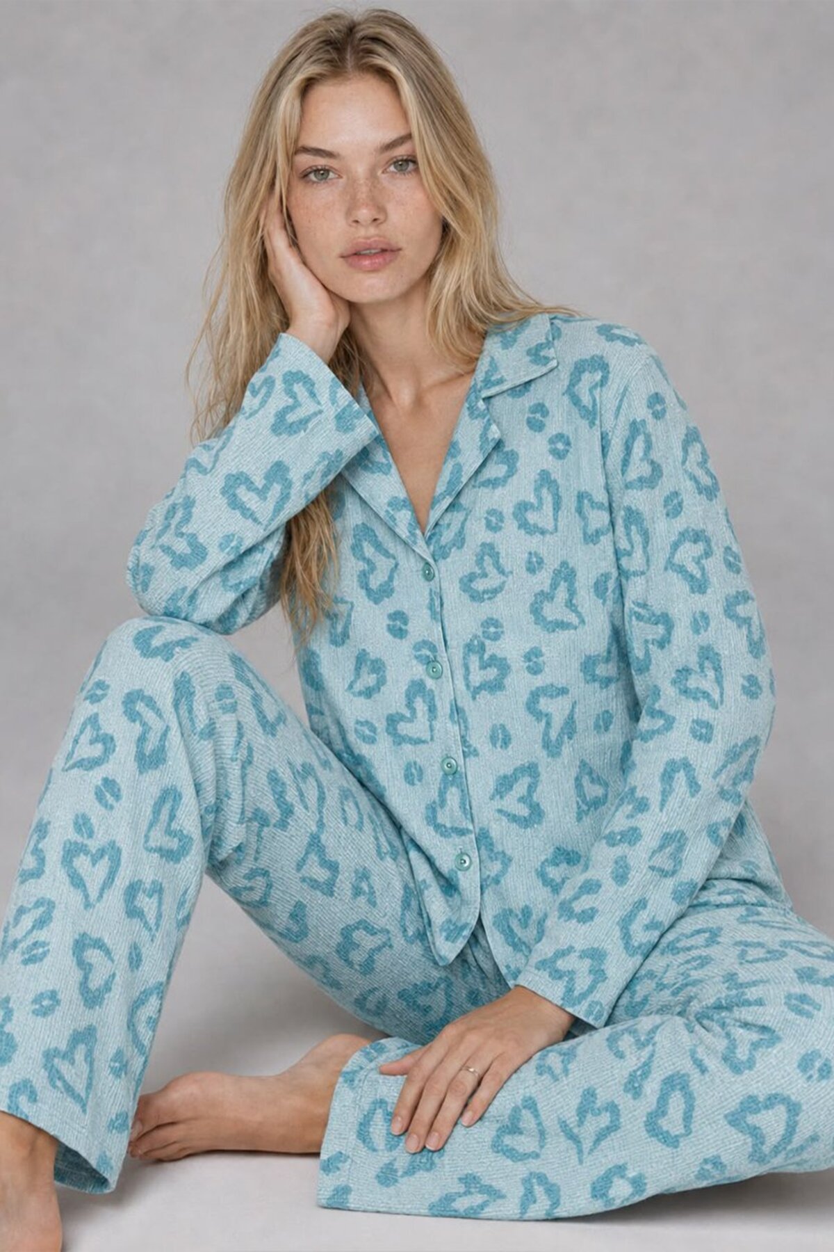 FİT WOMEN Kadın Uzun Kol Rahat Mavi Pijama Takımı 4761 görsel 5