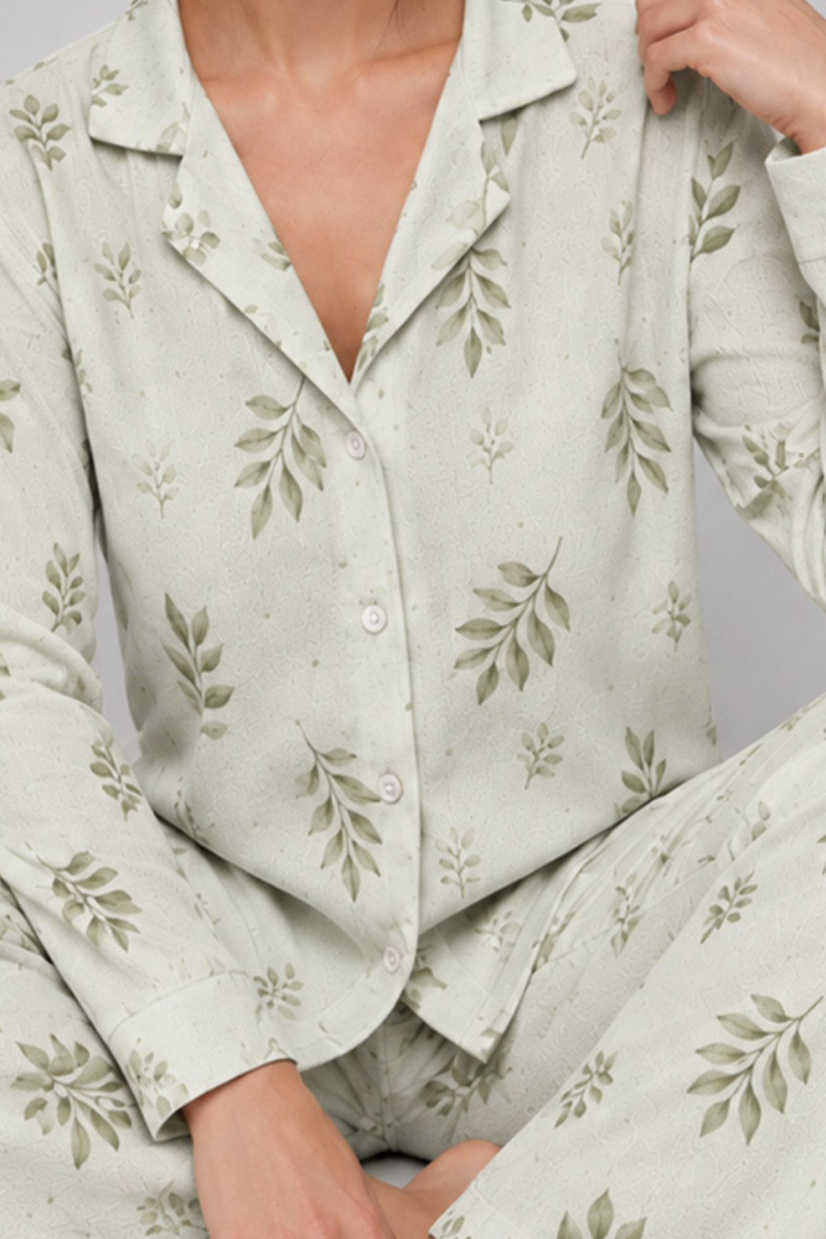 FİT WOMEN Kadın Uzun Kol Rahat Yeşil Pijama Takımı 4767 görsel 5