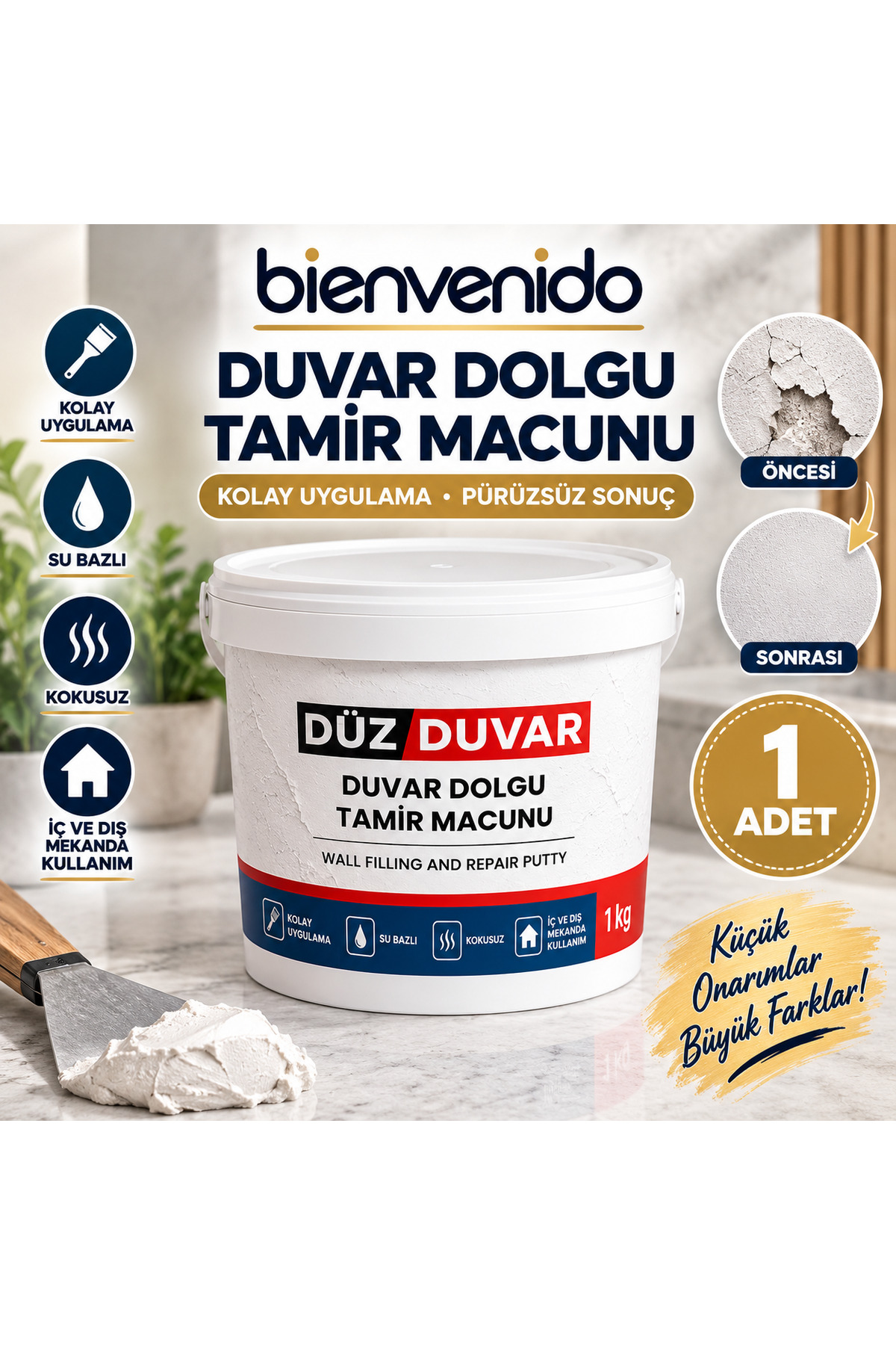 Duvar Tamir Dolgusu (1 KG) Macunu Zemin Alçı Sıva Derin Boşluk Doldurucu Giderici BIE-DDM-1KG, one size