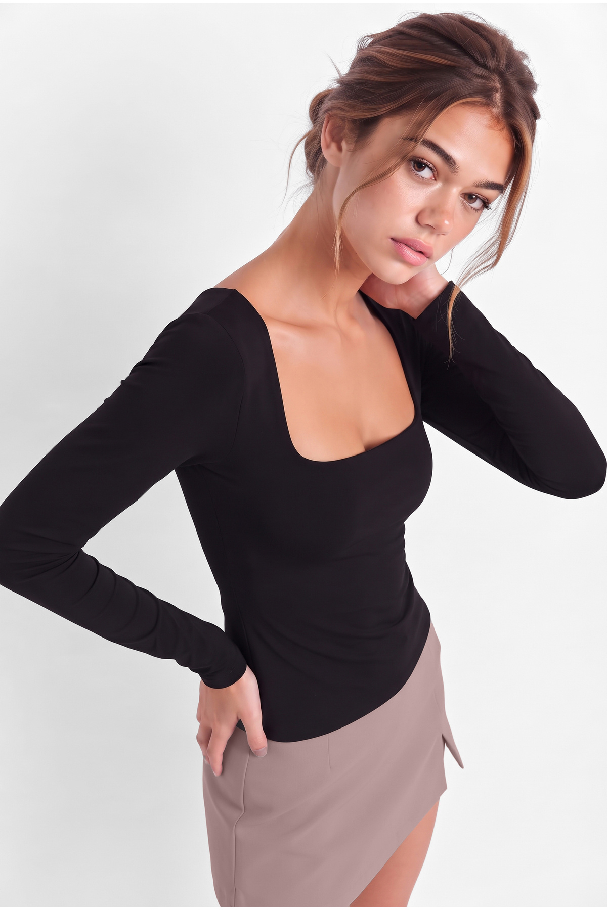 OLYNN Kadın Siyah Kare Yaka Uzun Kollu Çift Kat Premium Soft Modal Pamuk Bluz görsel 4