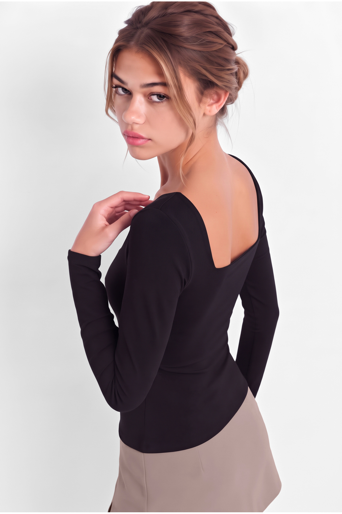 OLYNN Kadın Siyah Kare Yaka Uzun Kollu Çift Kat Premium Soft Modal Pamuk Bluz görsel 2