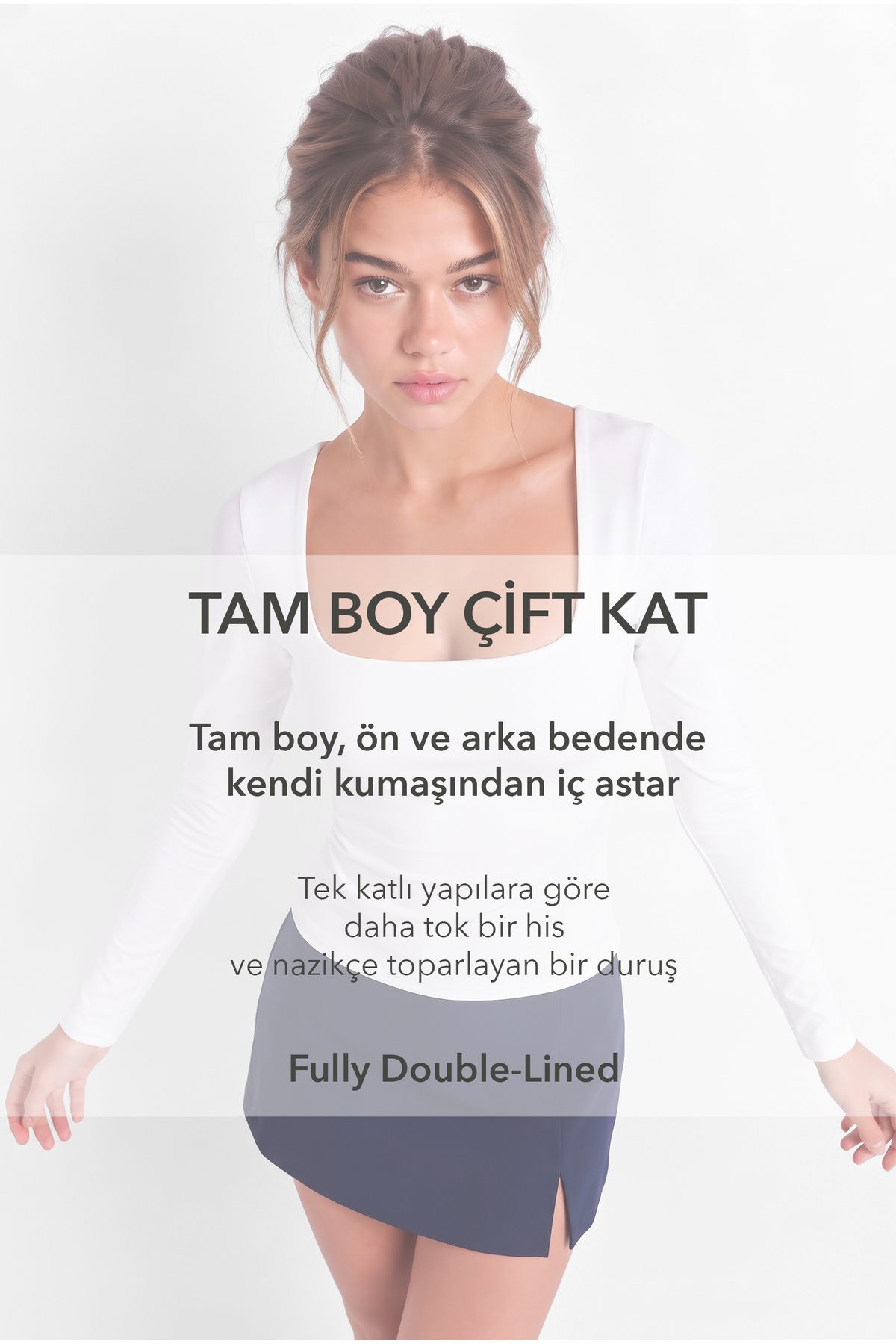 OLYNN Kadın Beyaz Kare Yaka Uzun Kollu Çift Kat Premium Soft Modal Pamuk Bluz görsel 3