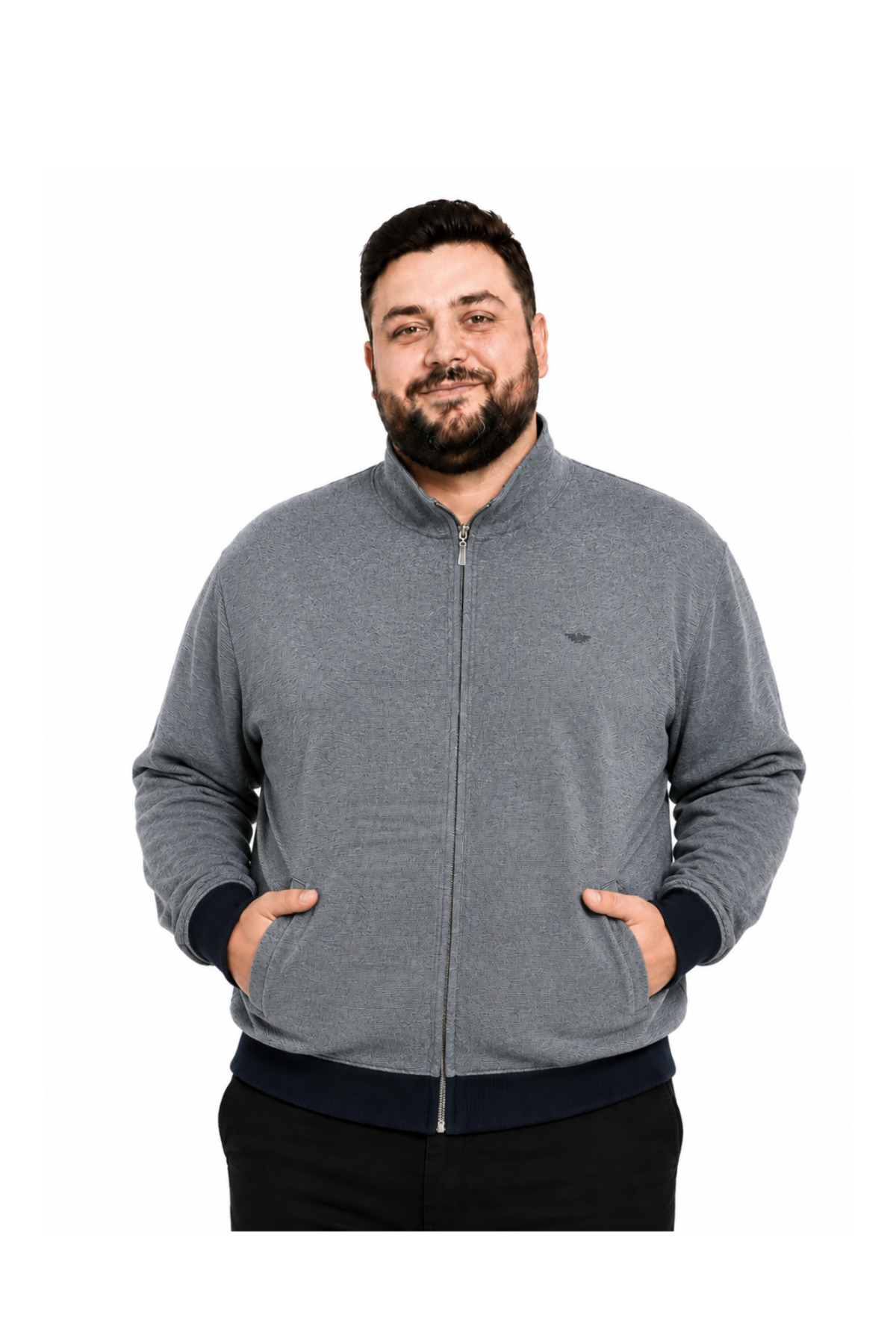 BattalModa Erkek Büyük Beden Melanj İndigo Selanik Dik Yaka Cepli Hırka 3XL-4XL-5XL-6XL-7XL-8XL