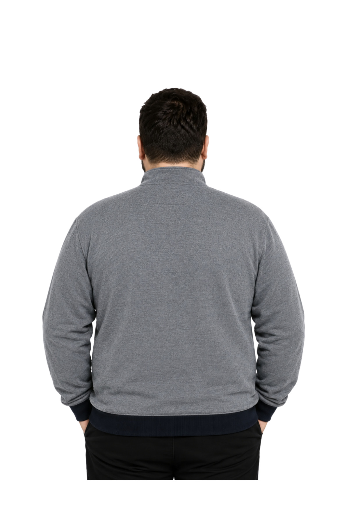 BattalModa Erkek Büyük Beden Melanj İndigo Selanik Dik Yaka Cepli Hırka 3XL-4XL-5XL-6XL-7XL-8XL görsel 3