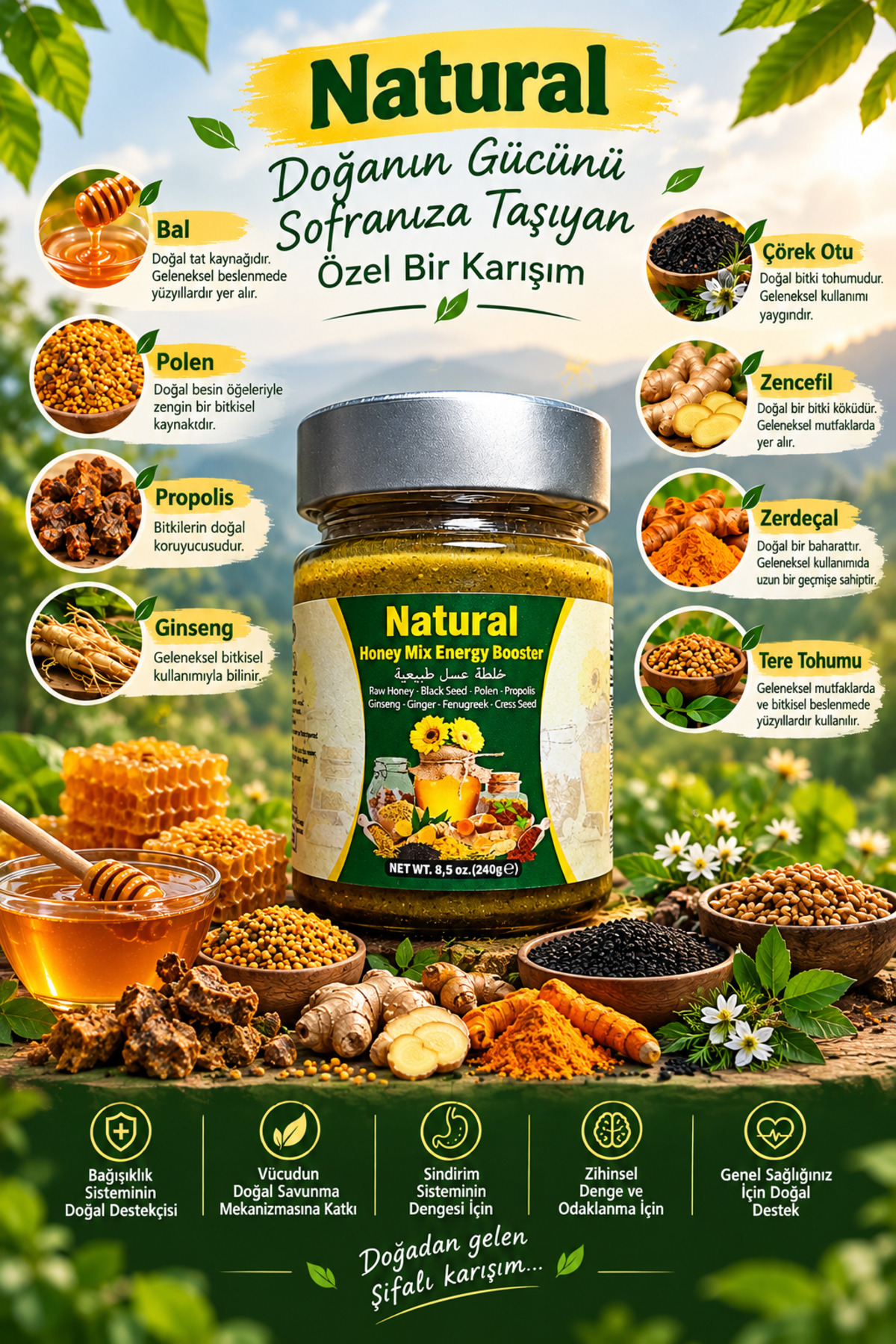 Nat-Prod Ginseng Atom Bal Propolis Polen Çörek Otu Bitkisel Karışımlı Doğal Kuvvet Macun 240 gr — 8680101346294--mac — تصویر 4 از 6