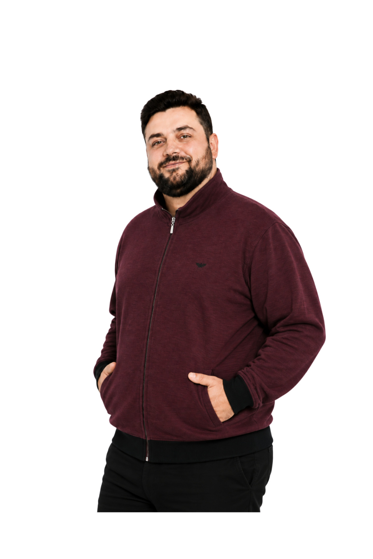 BattalModa Erkek Büyük Beden Melanj Bordo Selanik Dik Yaka Cepli Hırka 5XL-6XL-7XL-8XL görsel 2