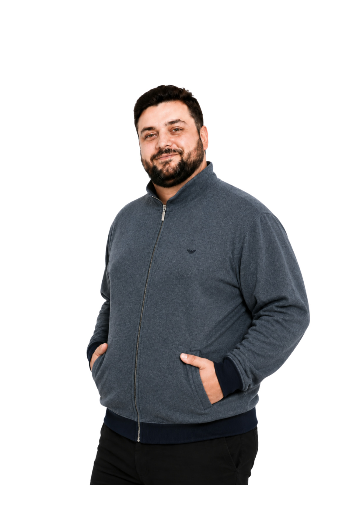 BattalModa Erkek Büyük Beden Melanj Lacivert Selanik Dik Yaka Cepli Hırka 3XL-4XL-5XL-6XL-7XL-8XL görsel 2