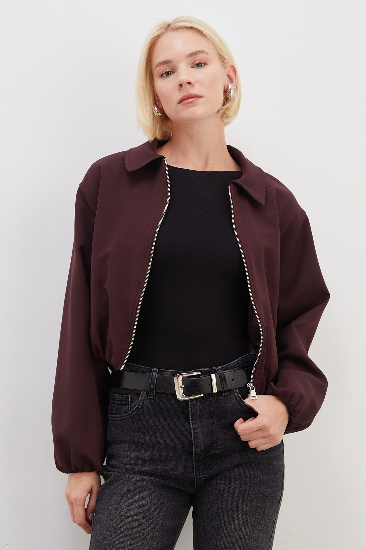 Fulla Moda Fermuarlı Polo Yaka Bomber Ceket görsel 4