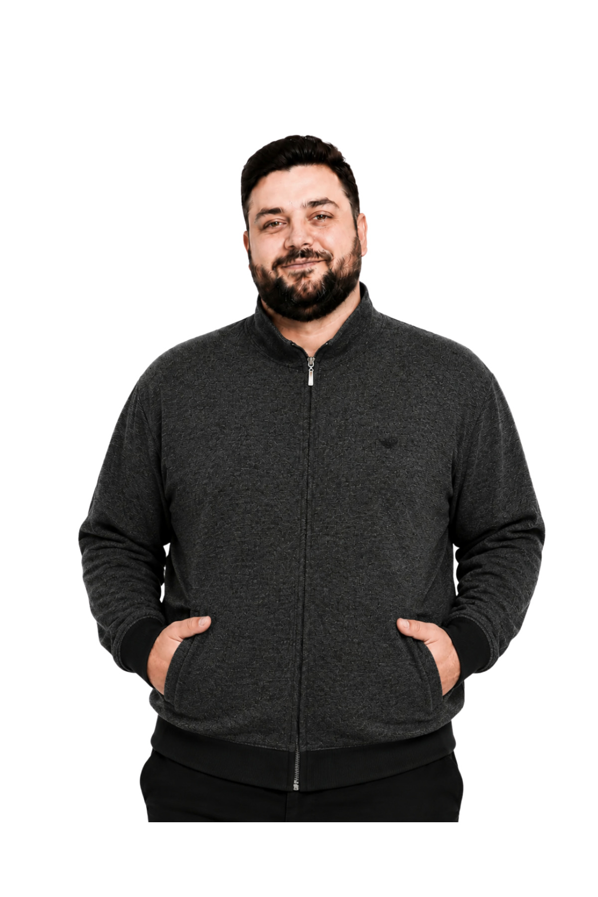 BattalModa Erkek Büyük Beden Melanj Antrasit Selanik Dik Yaka Cepli Hırka 3XL-4XL-5XL-6XL-7XL-8XL