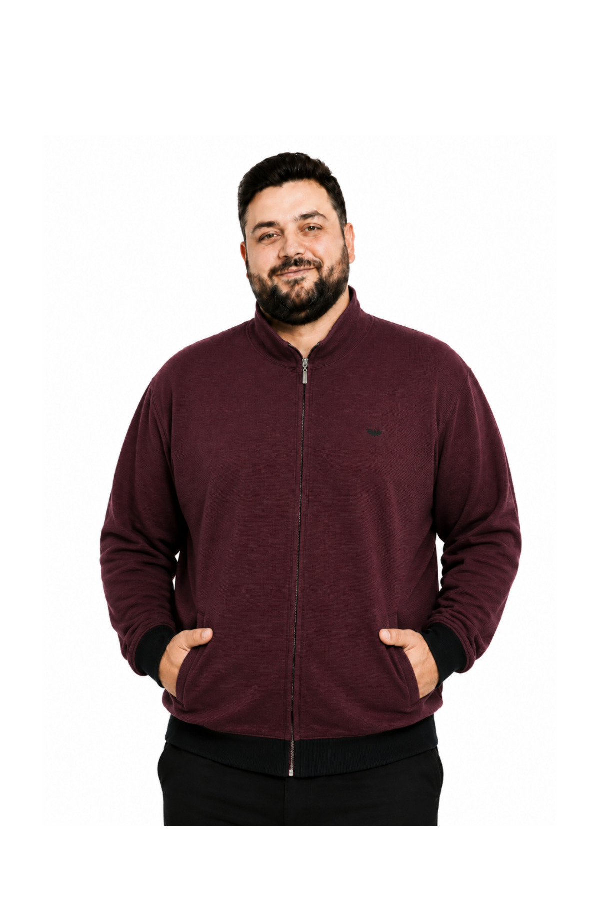 BattalModa Erkek Büyük Beden Melanj Bordo Selanik Dik Yaka Cepli Hırka 5XL-6XL-7XL-8XL