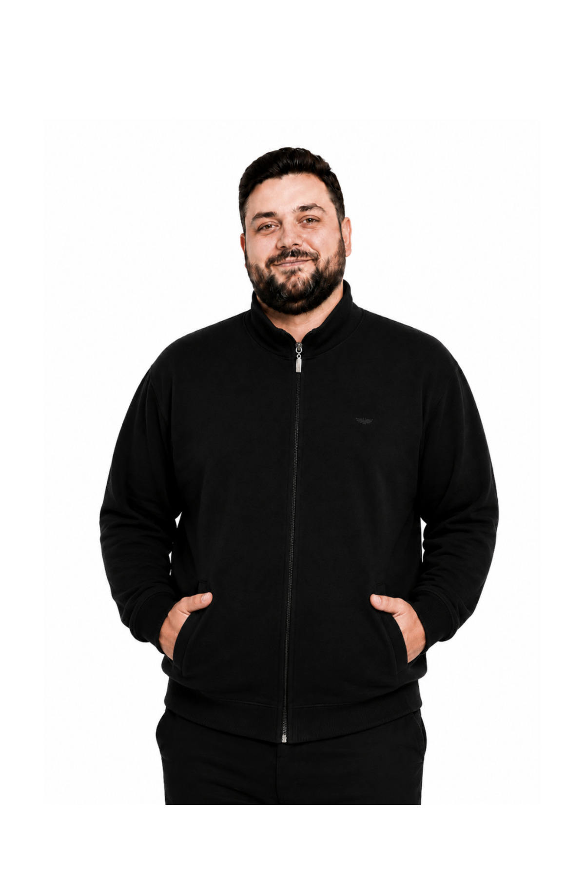 BattalModa Erkek Büyük Beden Siyah Selanik Dik Yaka Cepli Hırka 3XL-4XL-5XL-6XL-7XL-8XL
