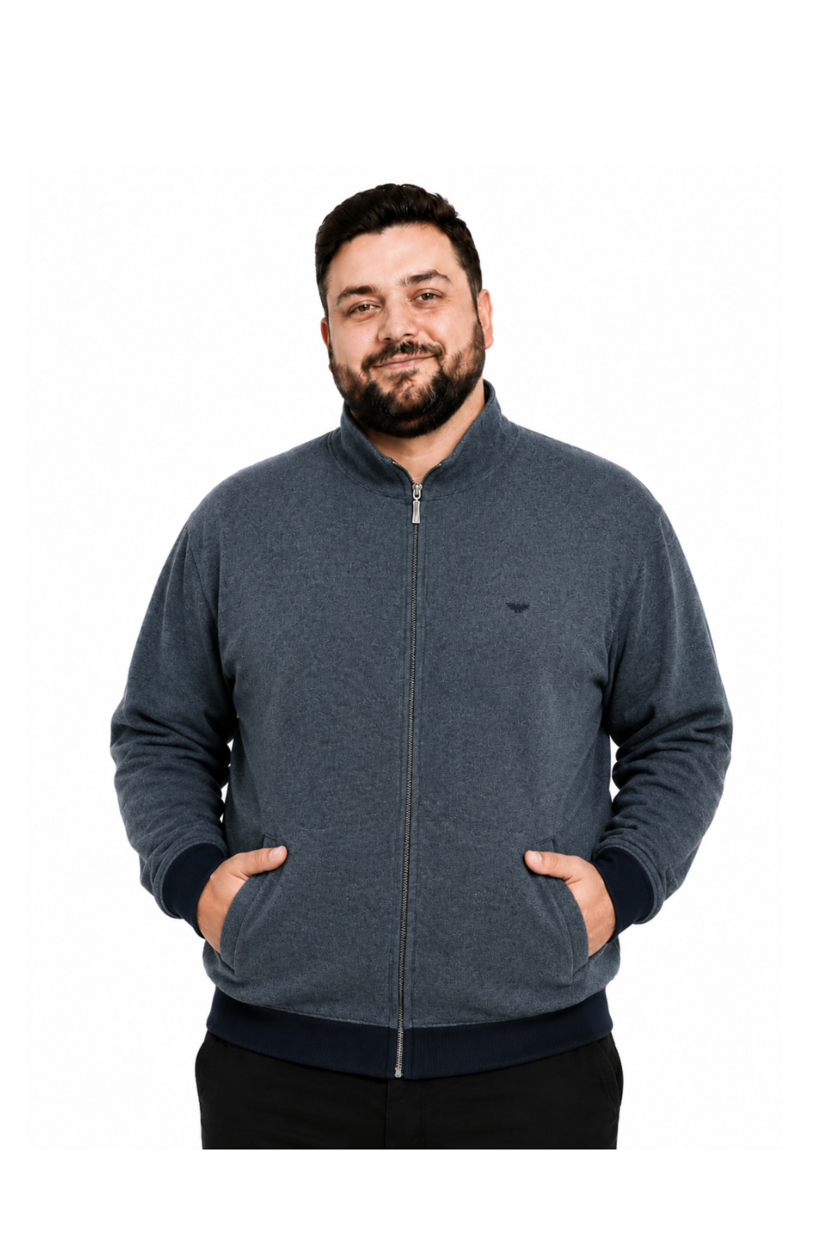 BattalModa Erkek Büyük Beden Melanj Lacivert Selanik Dik Yaka Cepli Hırka 3XL-4XL-5XL-6XL-7XL-8XL
