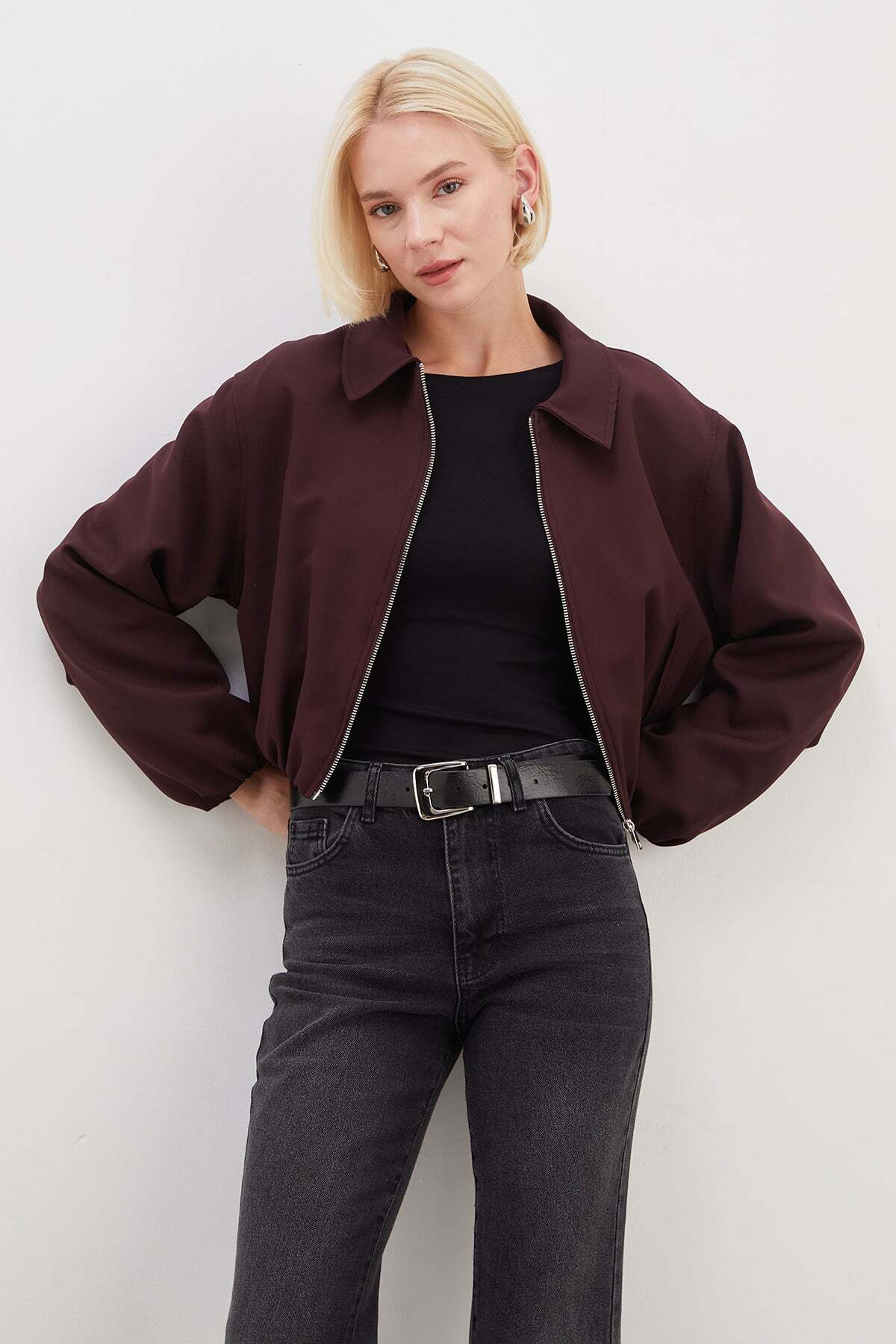 Fulla Moda Fermuarlı Polo Yaka Bomber Ceket