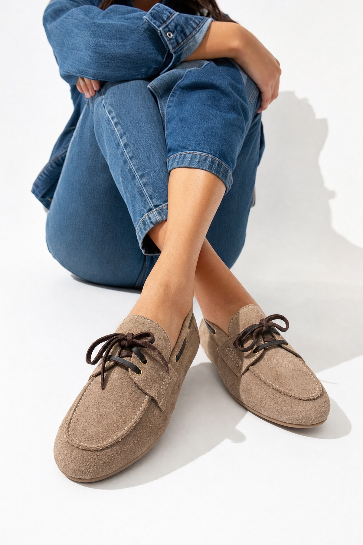 LuviShoes OSNEY Koyu Bej Süet Hakiki Deri Bağcıklı Kadın Loafer Ayakkabı görsel 2