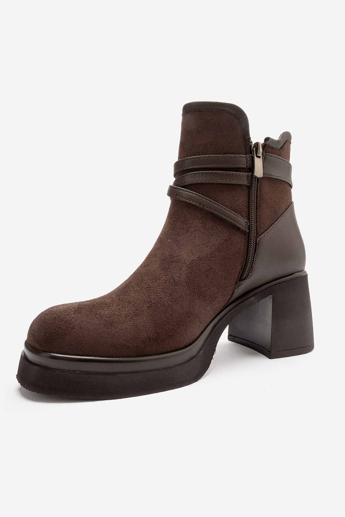 LuviShoes VENICE Kahverengi Süet Kemerli Kalın Topuklu Kadın Bot görsel 7
