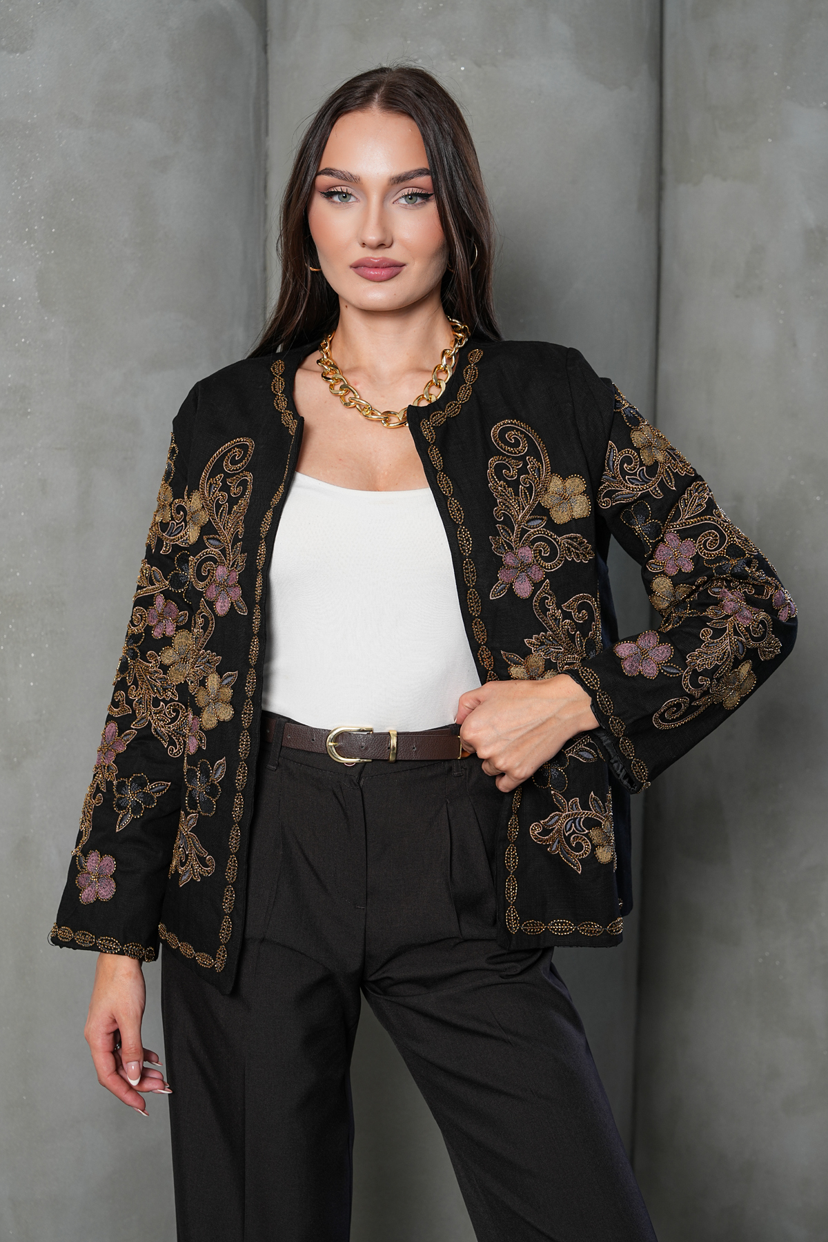 FancyWorld Desenli İnce Boncuk Nakış İşlemeli Premium Ceket görsel 5