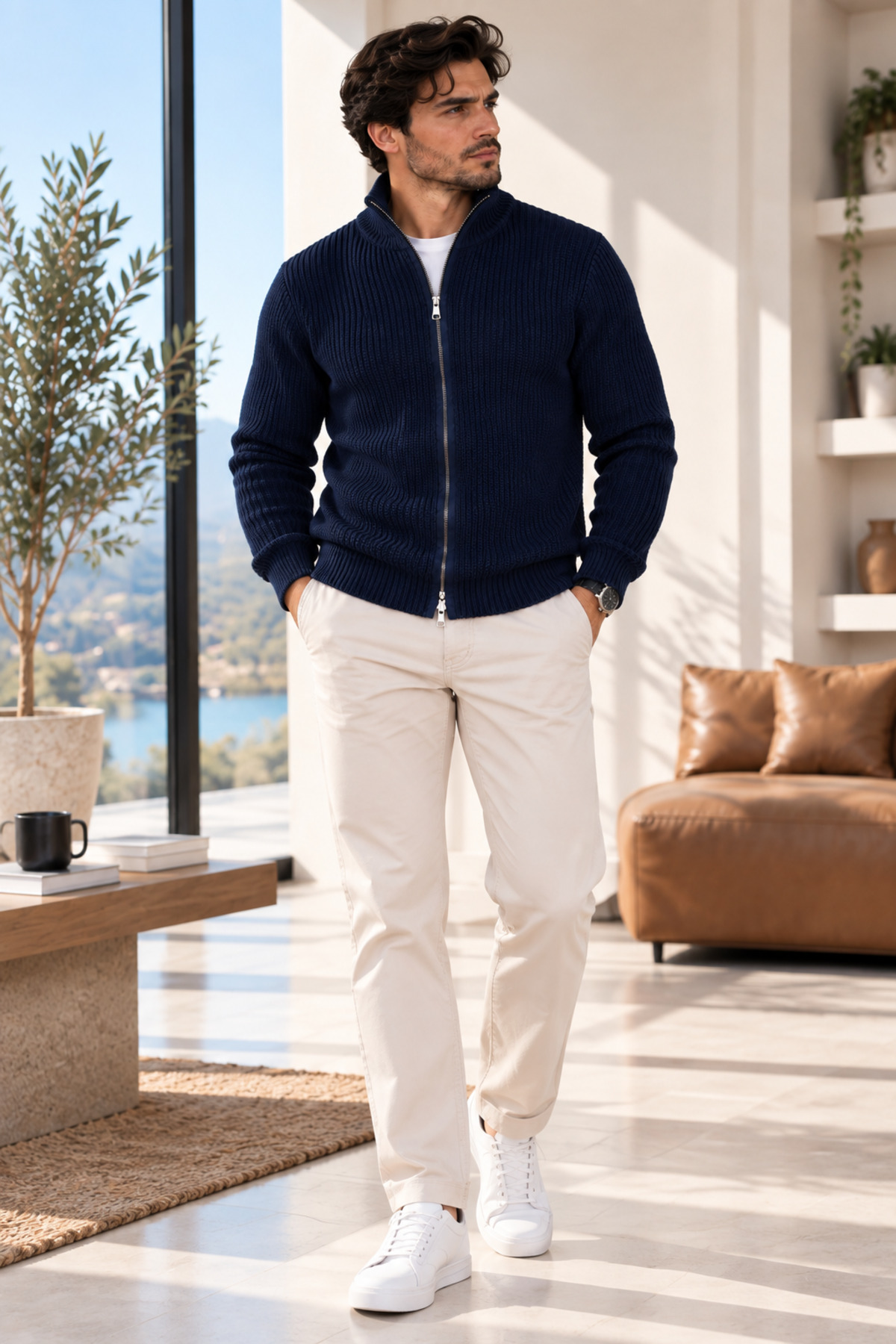 Erkek Fermuarlı Dik Yaka Kalın Örgü Dokulu Slim Fit Şık Günlük Hırka — سرمه‌ای erkekfermch — تصویر 3 از 5