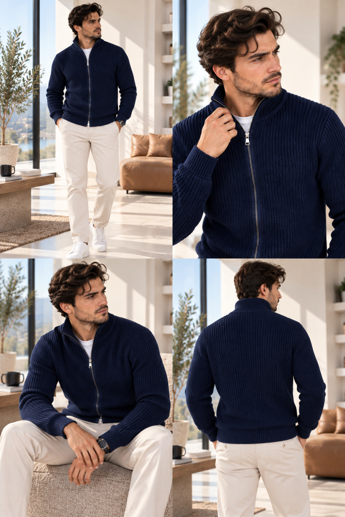 Erkek Fermuarlı Dik Yaka Kalın Örgü Dokulu Slim Fit Şık Günlük Hırka — سرمه‌ای erkekfermch — تصویر 2 از 5