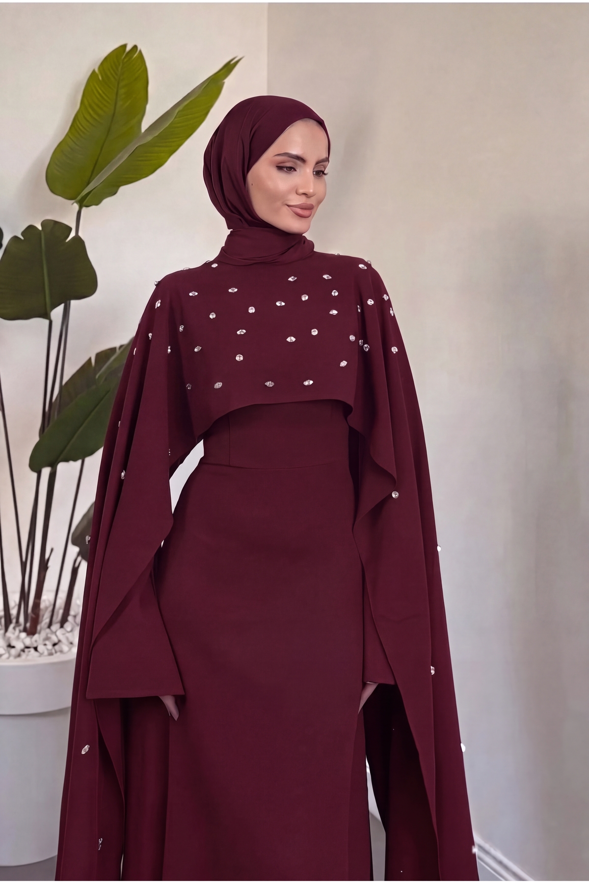 parla official Serenya Pelerini Taşlı Abiye Bordo görsel 2
